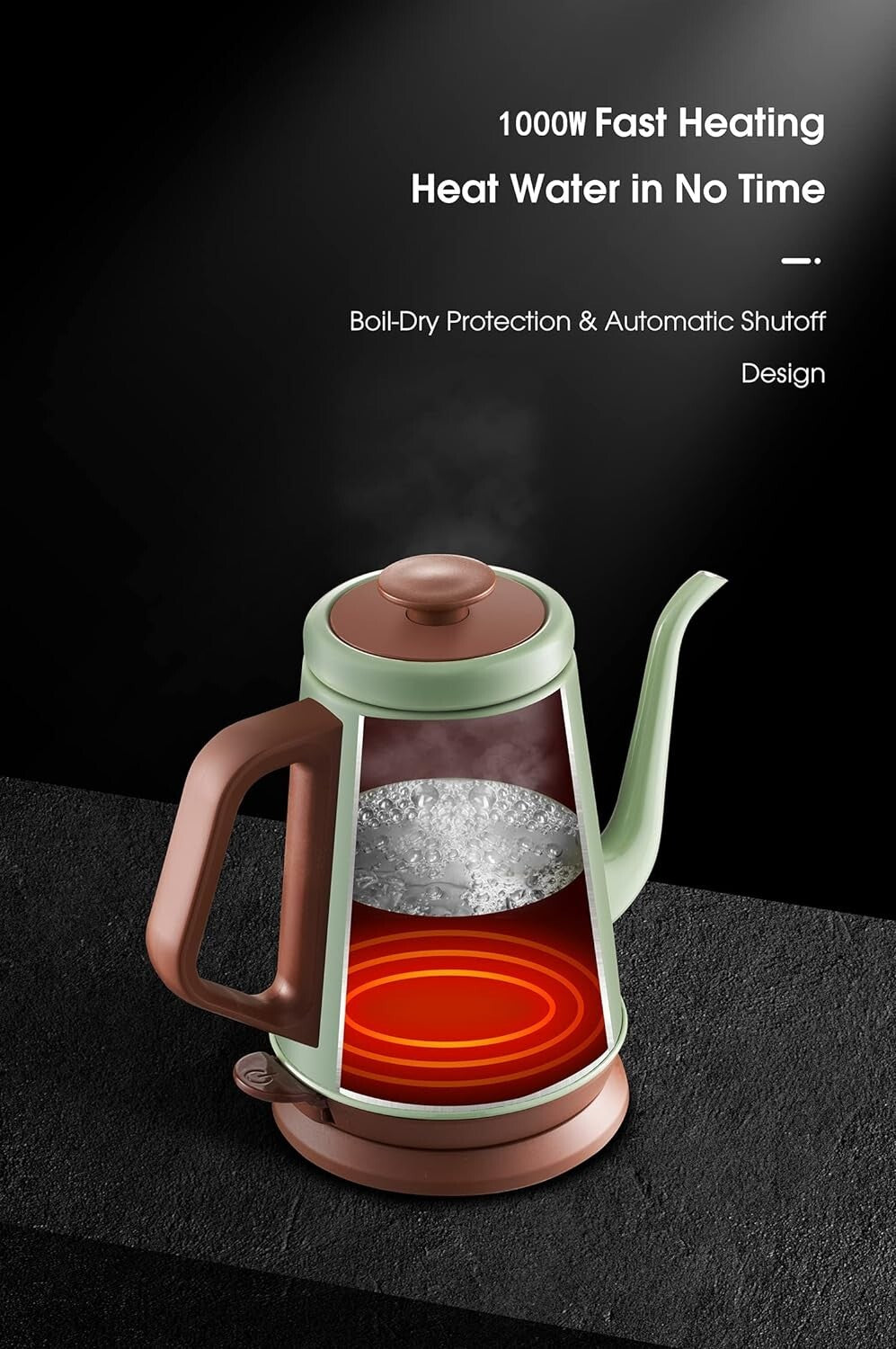 304 Stainless Steel Electric Kettle with Gooseneck Spout - 1L Capacity in Green