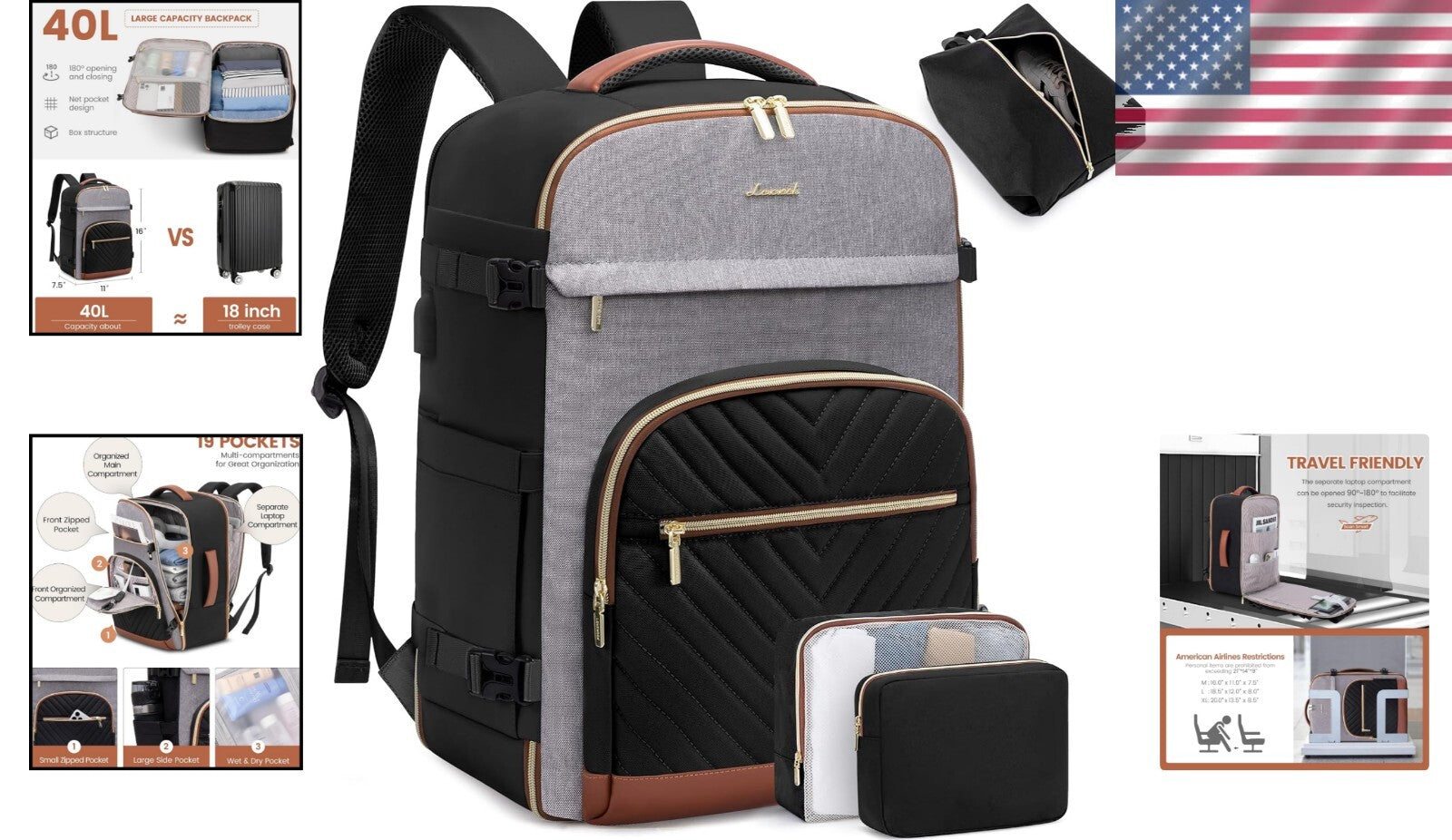 Portable Travel Backpack for Women: TSA Approved 40L Carry-On with Packing Cubes