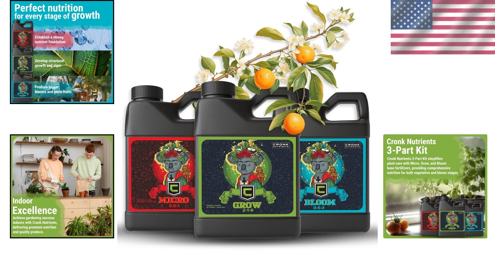 Cronk Nutrients 3-Part Plant Food Kit: Hydroponics & Bloom Booster, 4L Liquid