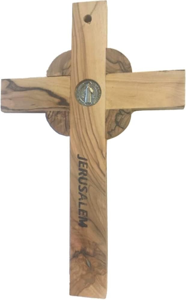 8-Inch Olive Wood Saint Benedict Crucifix with Celtic Design & Prayer Cards