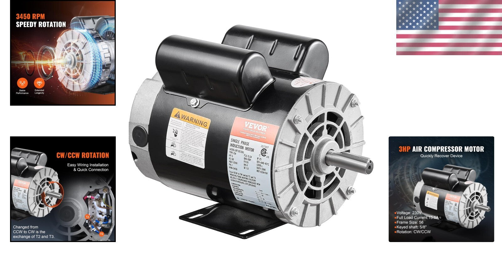 High Efficiency 3HP Compressor Motor - 3450 RPM with Keyed Shaft for Air Tools
