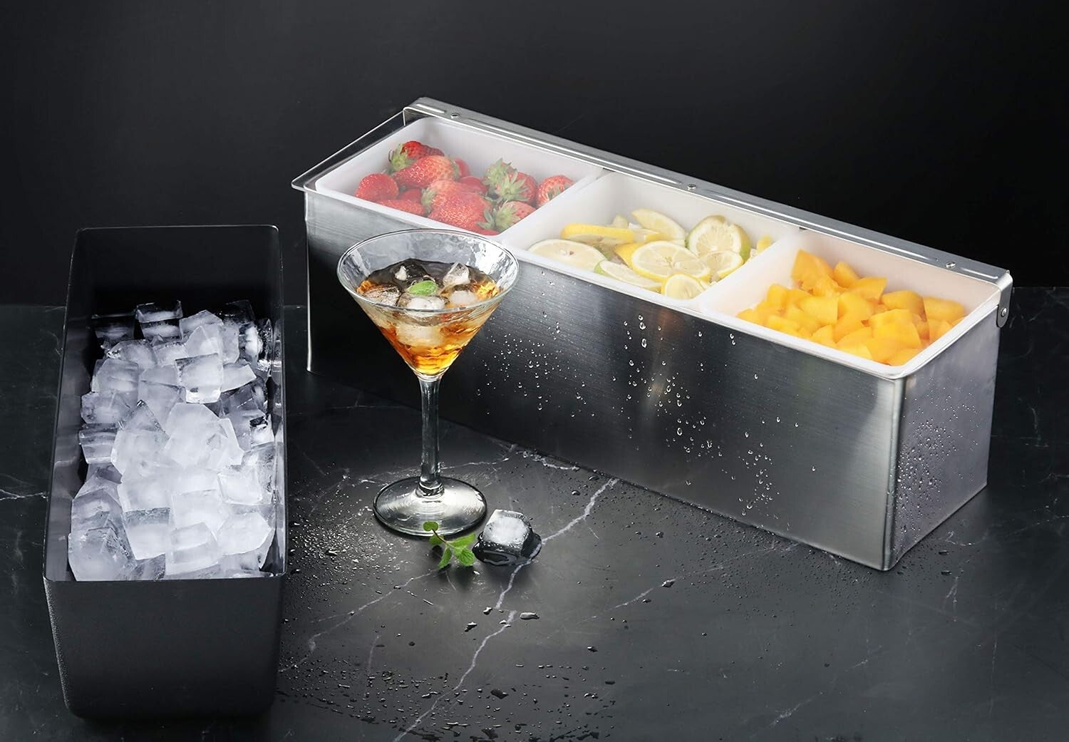 Multi-Compartment Stainless Steel Condiment Organizer with Hinged Acrylic Lid