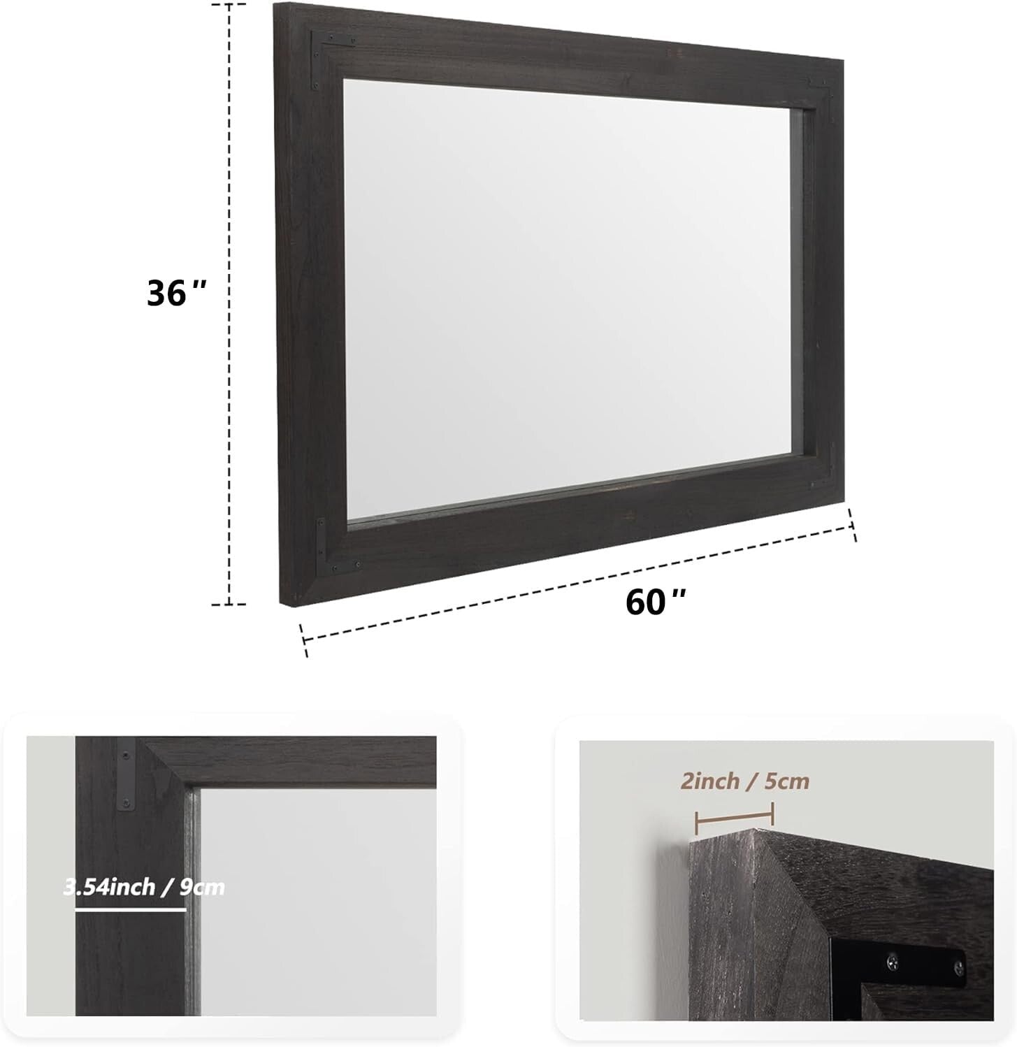 Versatile Rustic Wood Wall Mirror - Horizontal or Vertical Hanging, 60" x 36"