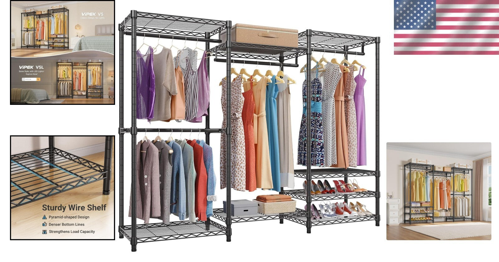890lb Load Portable Closet Organizer - 4 Hang Rods & 8 Shelves, Adjustable