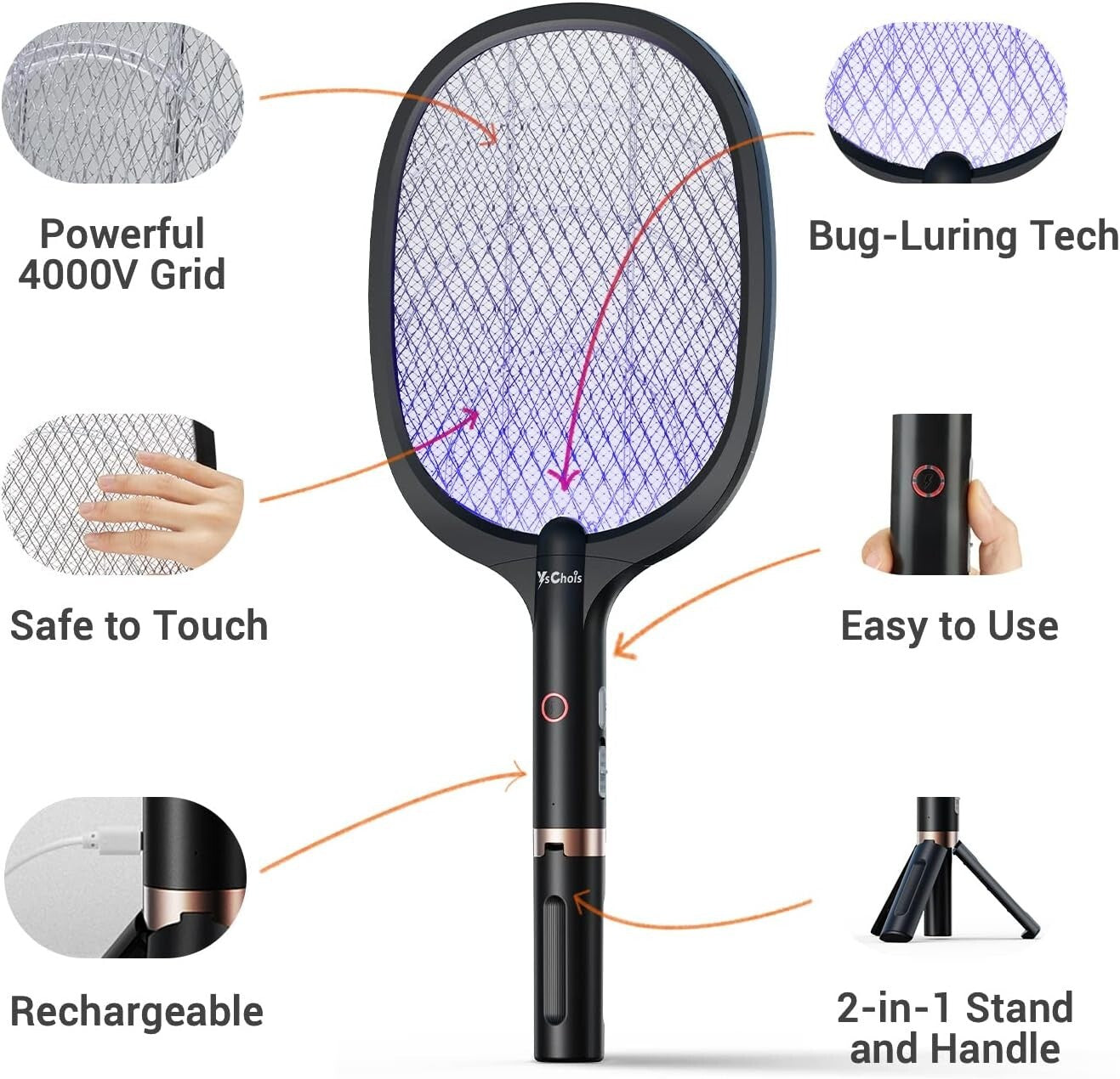 2-Pack Rechargeable Pest Control Racket - Safe Electric Fly Swatter with Tripod