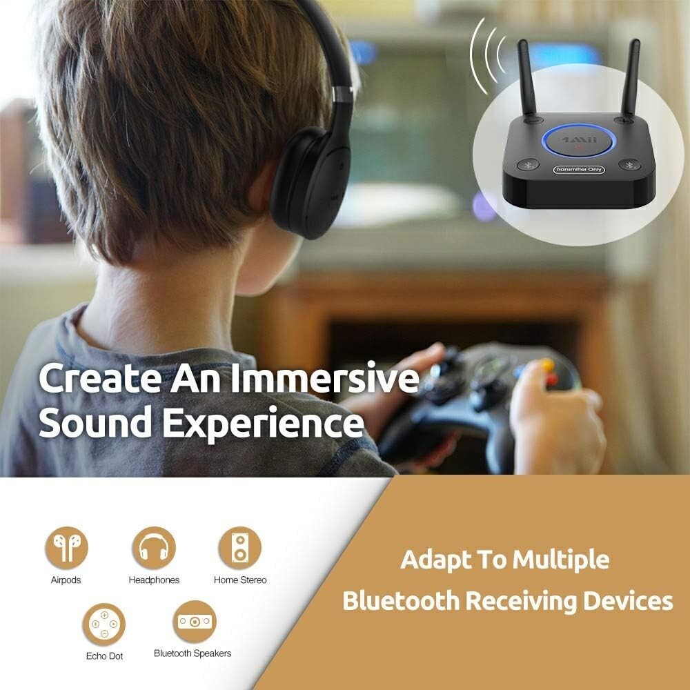 Compact Bluetooth Transmitter for TV - Supports Two Headphones Simultaneously