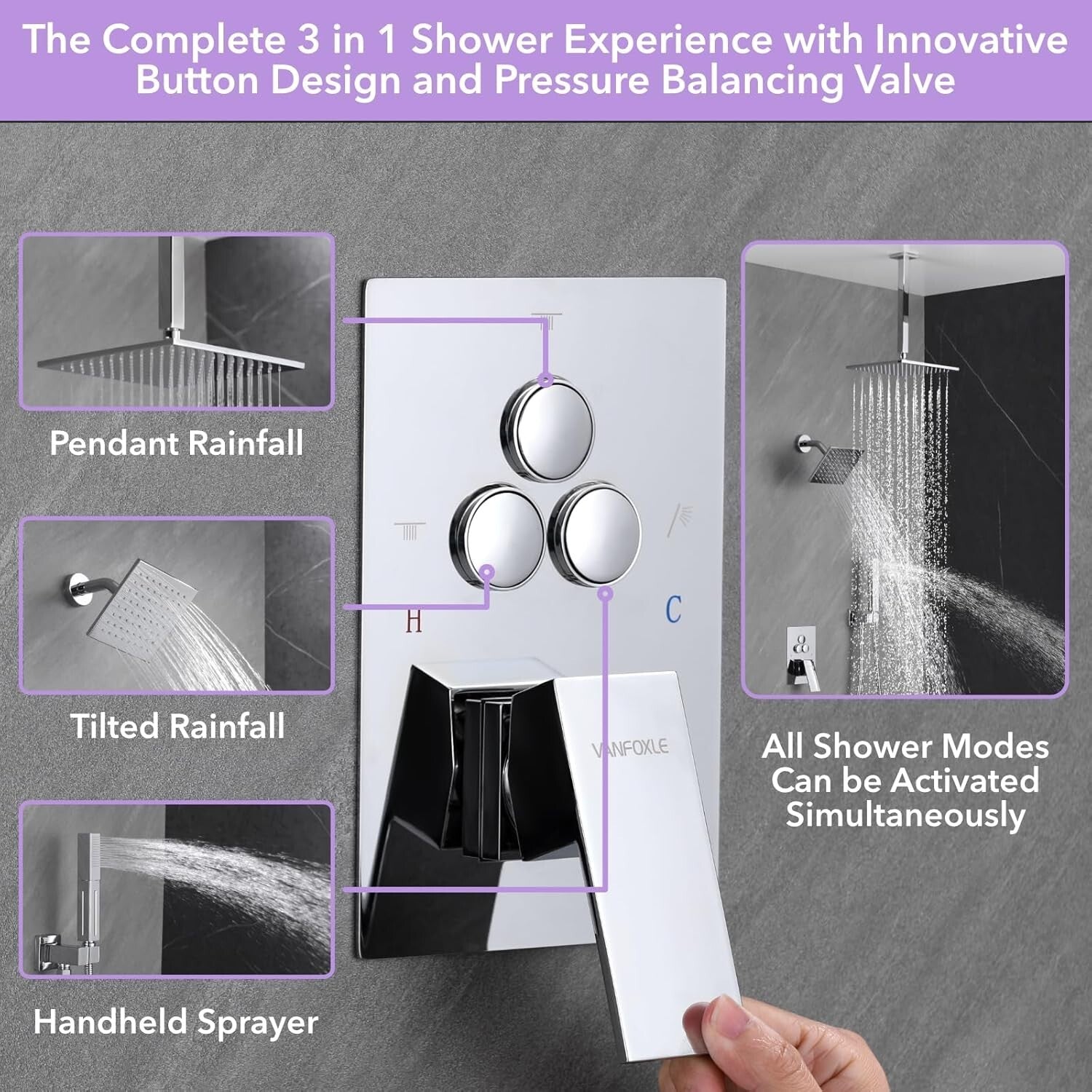 Luxurious Chrome Shower Faucet Set with Push Button Diverter & Dual Shower Heads