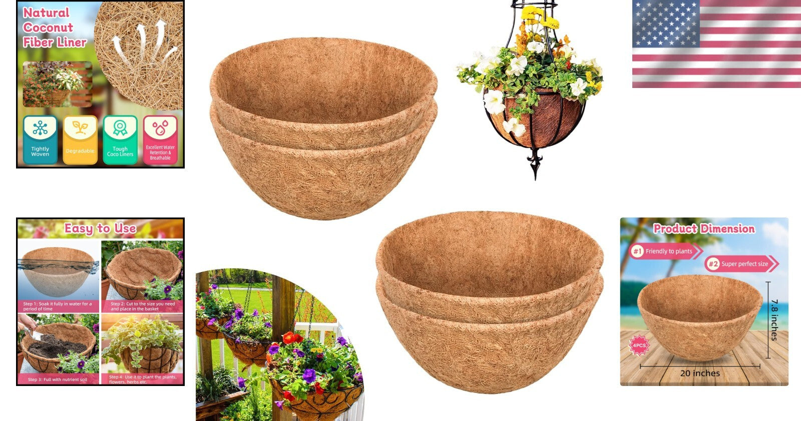 4 Pack 20" Round Natural Coconut Coir Liners for Beautiful Hanging Baskets