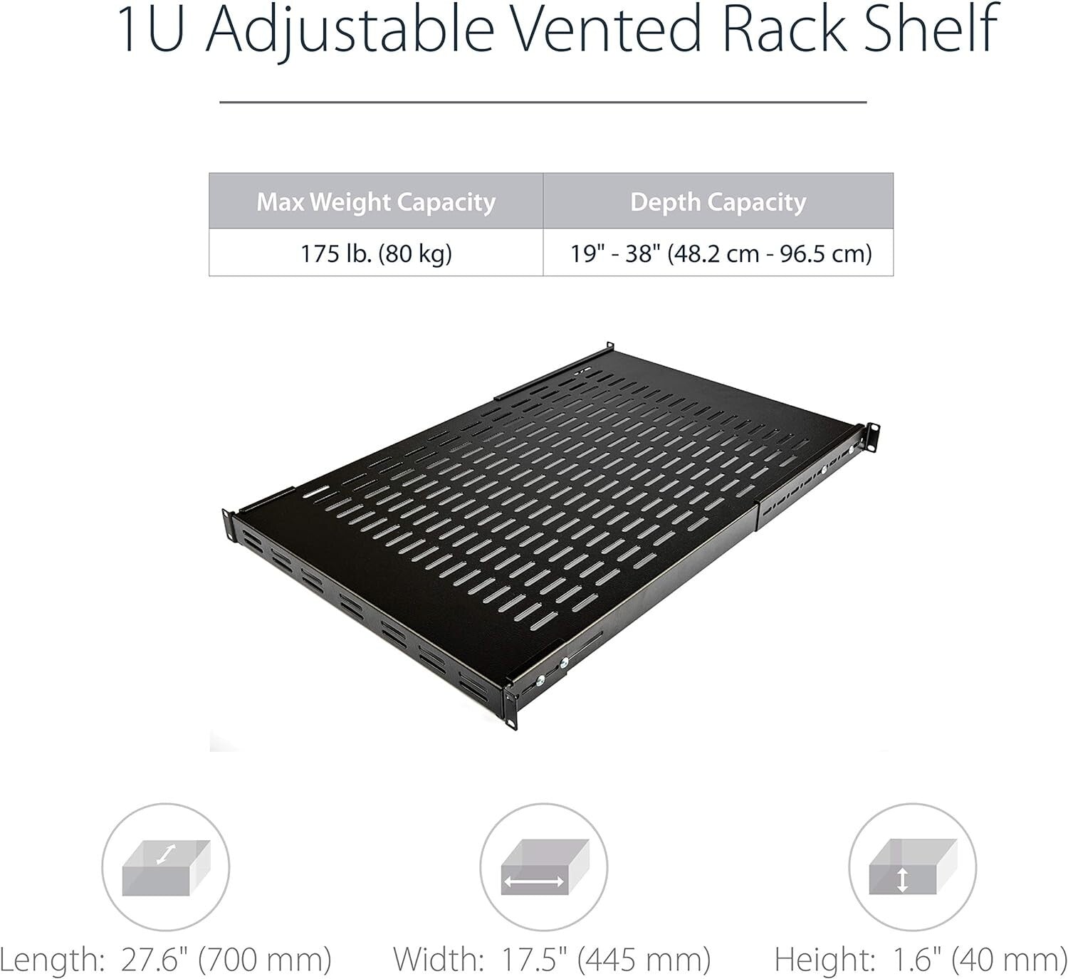 1U Vented Black Rack Shelf - Supports AV & Networking Equipment - 27.56in Depth