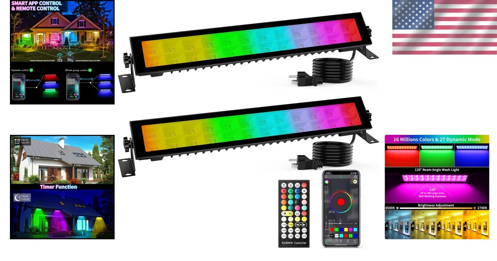 2 Pack RGB+ Warm White LED Wash Light Bar with Music Sync & Timer Function