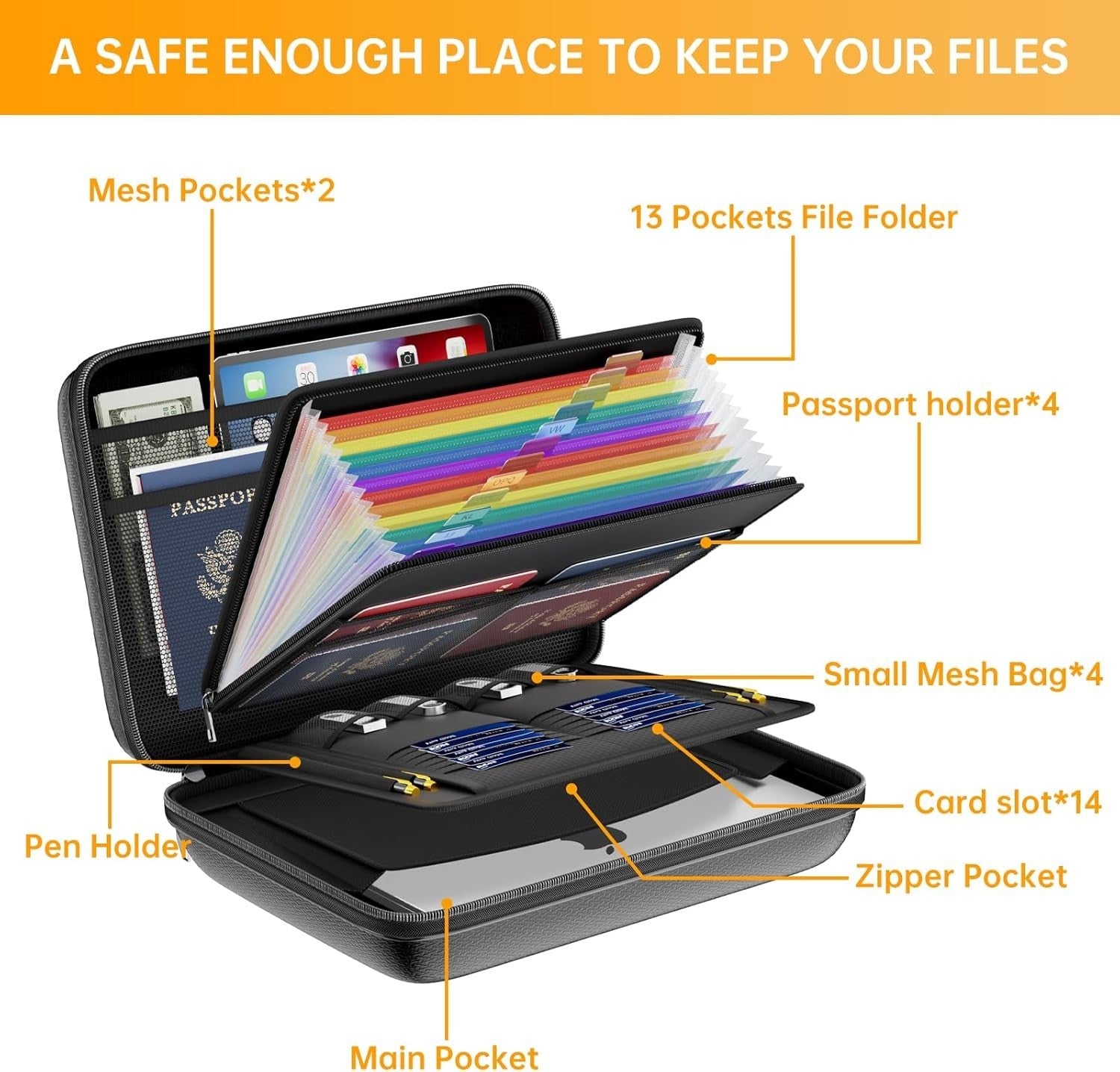 Fireproof & Water-Resistant File Organizer with Lock - 13 Pocket Accordion Style