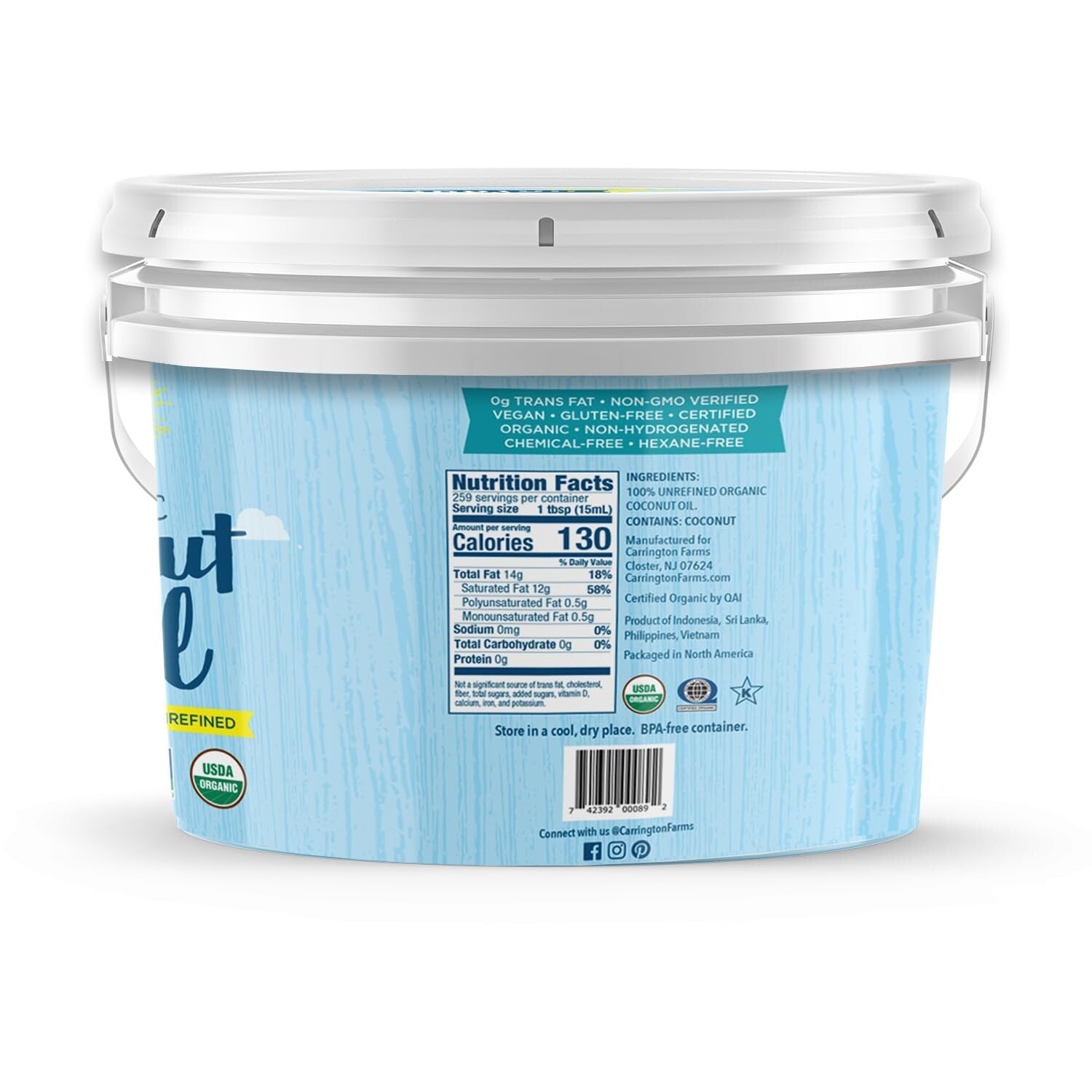 Unrefined Organic Coconut Oil - 1 Gallon (128 fl. oz.) for Cooking, Skin & Hair