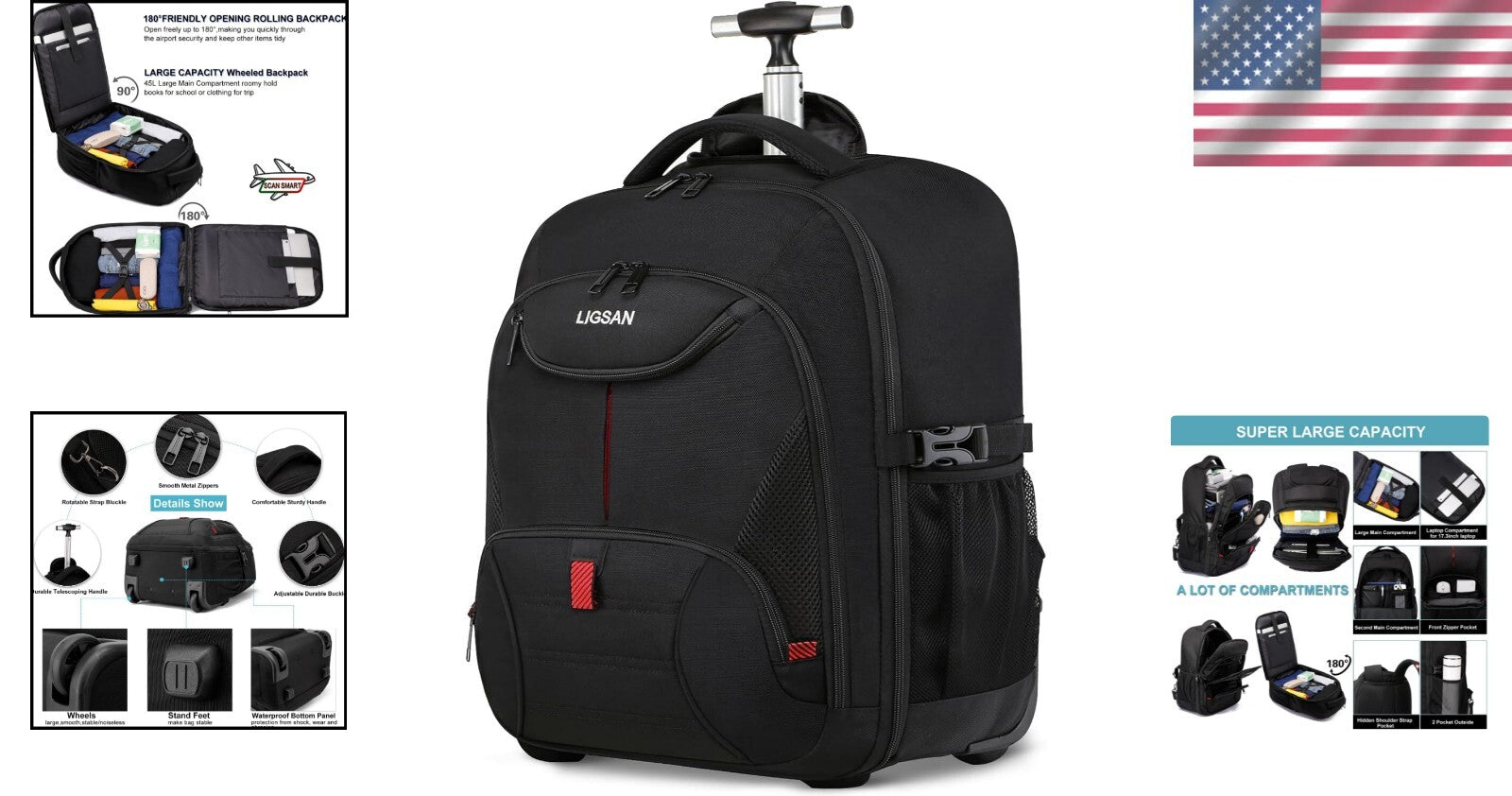 Durable Wheeled Backpack with 45L Capacity - Perfect for Travel and School