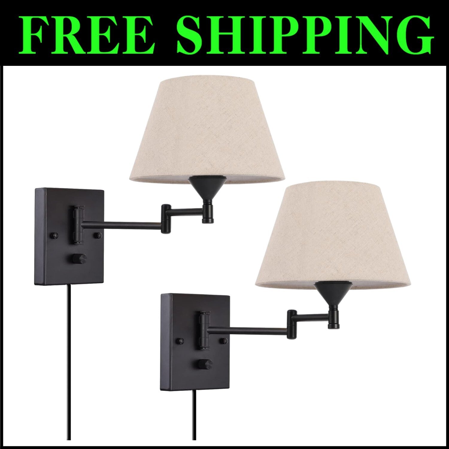 Elegant Plug-In Wall Sconce Set of 2 with Adjustable Swing Arm & Fabric Shade