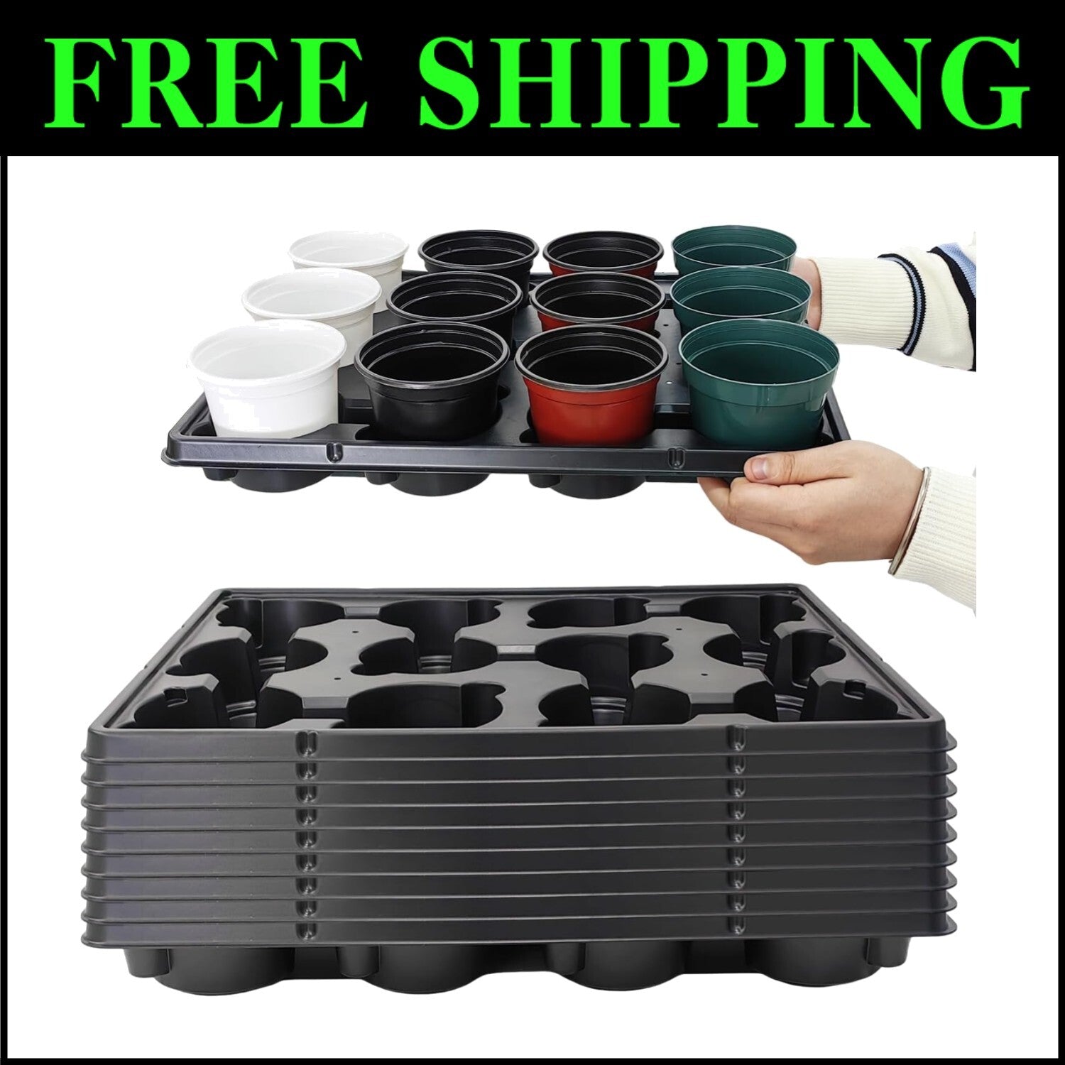 10-Pack 4-Inch Nursery Pot Trays - Durable Black Seedling Carriers with Drainage