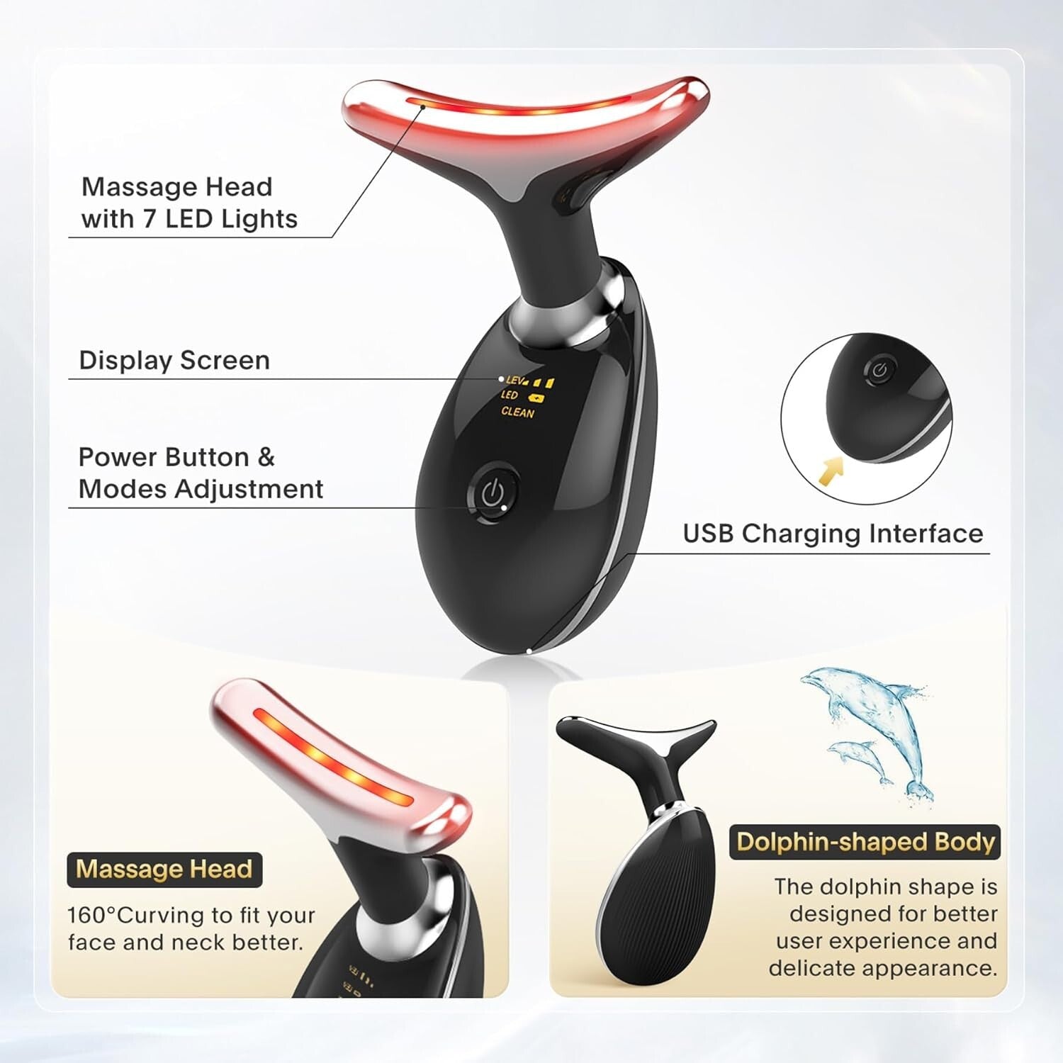 Multifunctional Skin Care Device with 7 LED Modes - Glossy Black Massager
