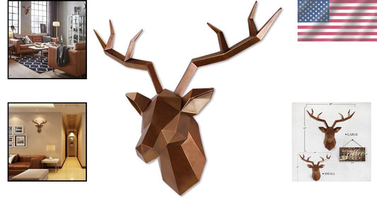Handcrafted Geometric Deer Head Wall Decor in Antique Copper Finish - 19"