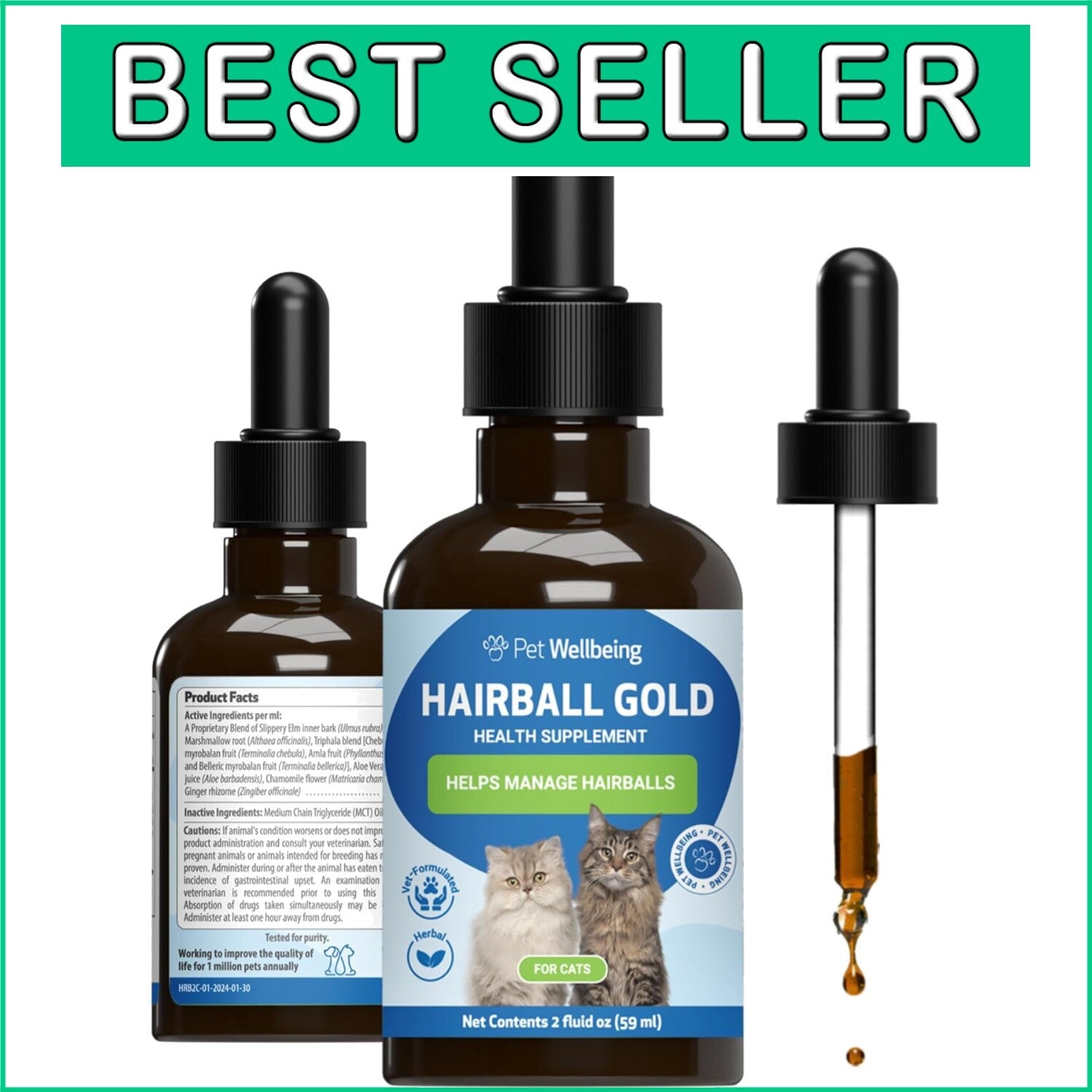 Natural Hairball Management for Cats - MCT Oil & Herbal Blend - 2 oz