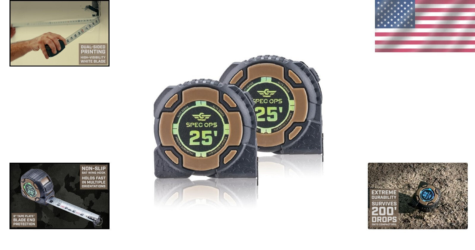 Elite 25-Foot Tape Measure - Dual-Sided Blade & Military-Grade Durability 2-Pack