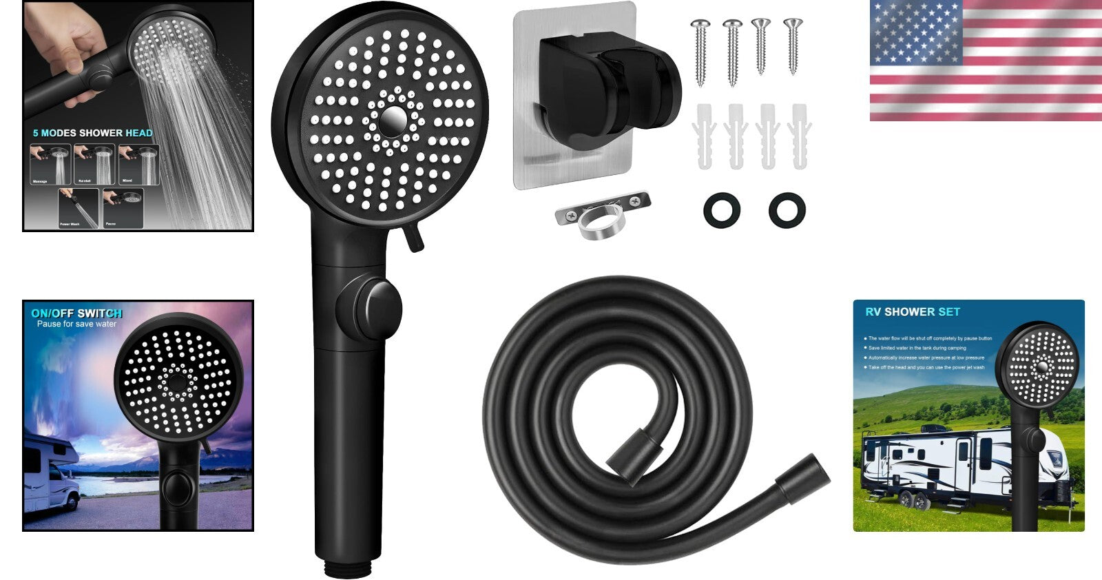Comfort & Convenience: High-Pressure 5-Mode Shower Head for RVs with Hose Clamp