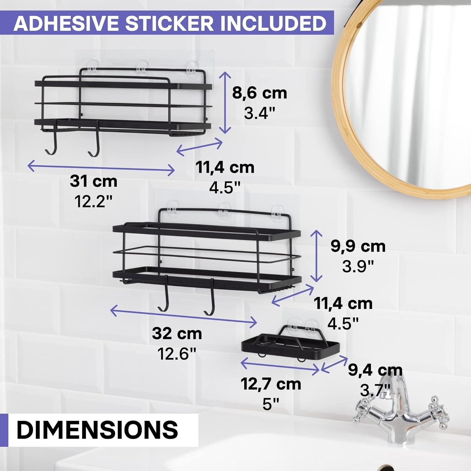 Durable No Drill Adhesive Shower Organizer with Soap Holder - 15lbs Capacity