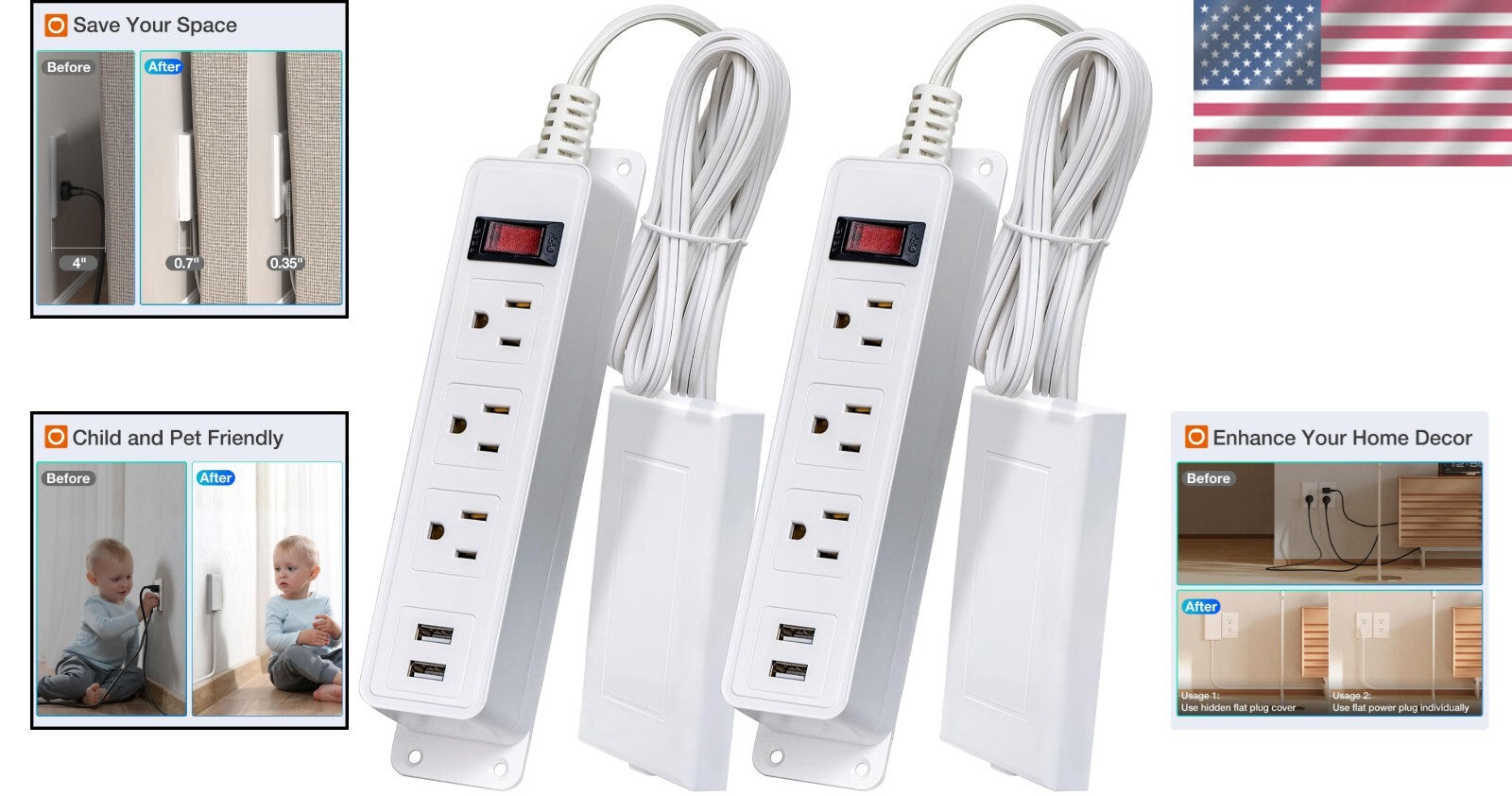 Space-Saving 6FT Power Strip with 3 Outlets, 2 USB Ports, & Safety Clips - 2Pack