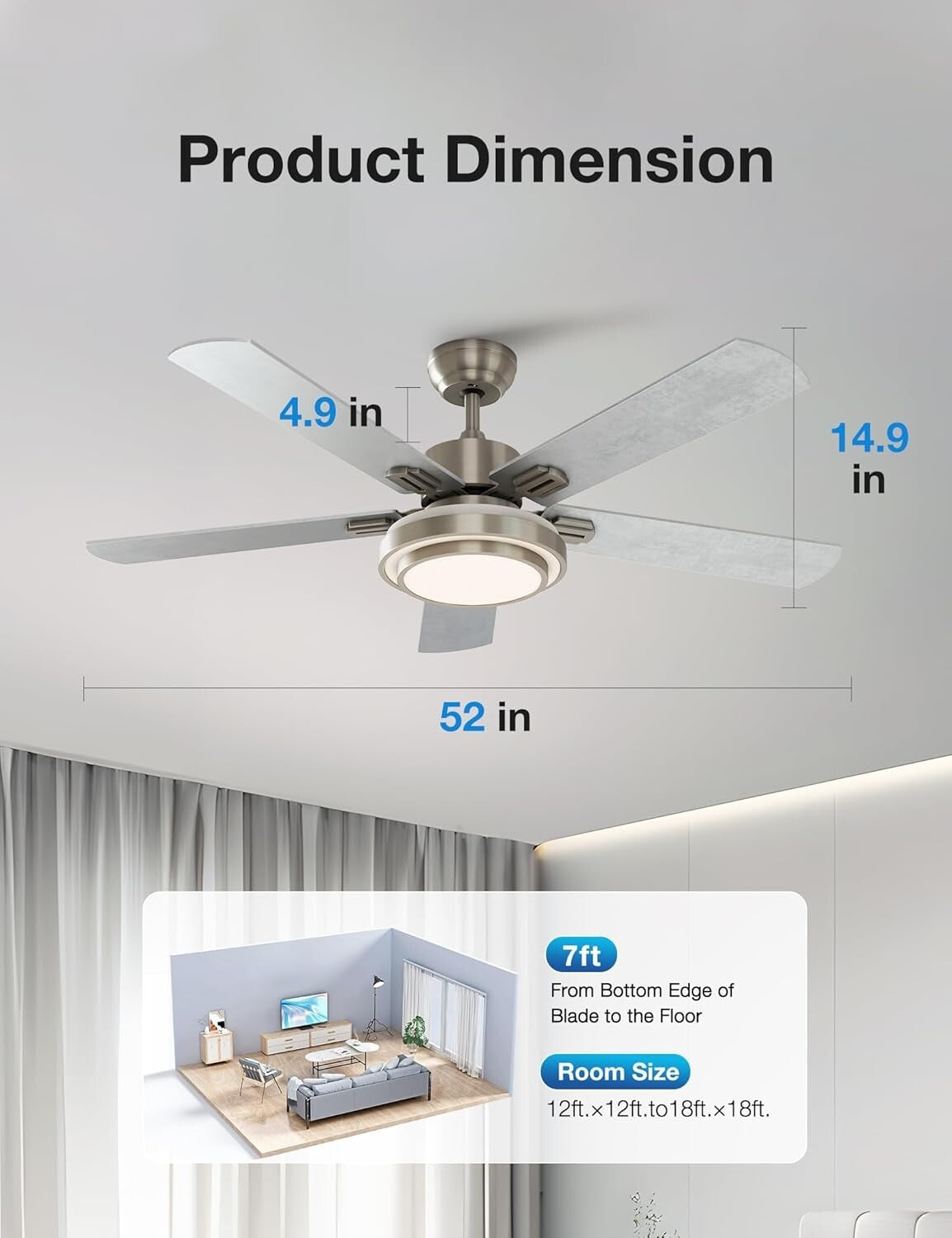 Quiet 5-Blade Ceiling Fan with LED Light and Remote Control - Modern Design