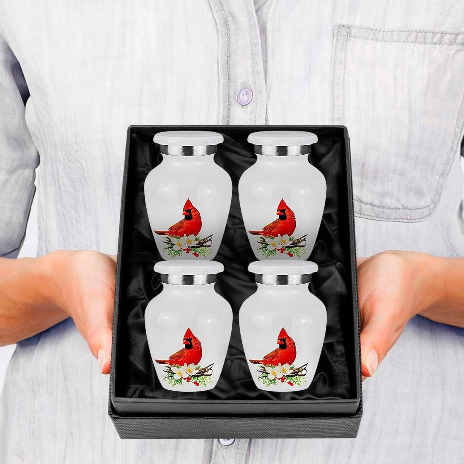 Set of 4 Mini Cremation Urns with Stunning Red Cardinal Design for Keepsakes