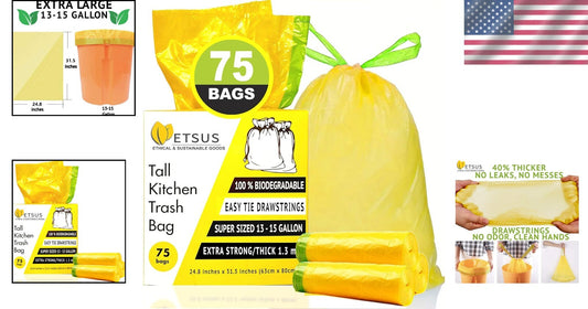 Durable 13 Gallon Plant-Based Drawstring Trash Bags - 75 Count Eco-Friendly Pack