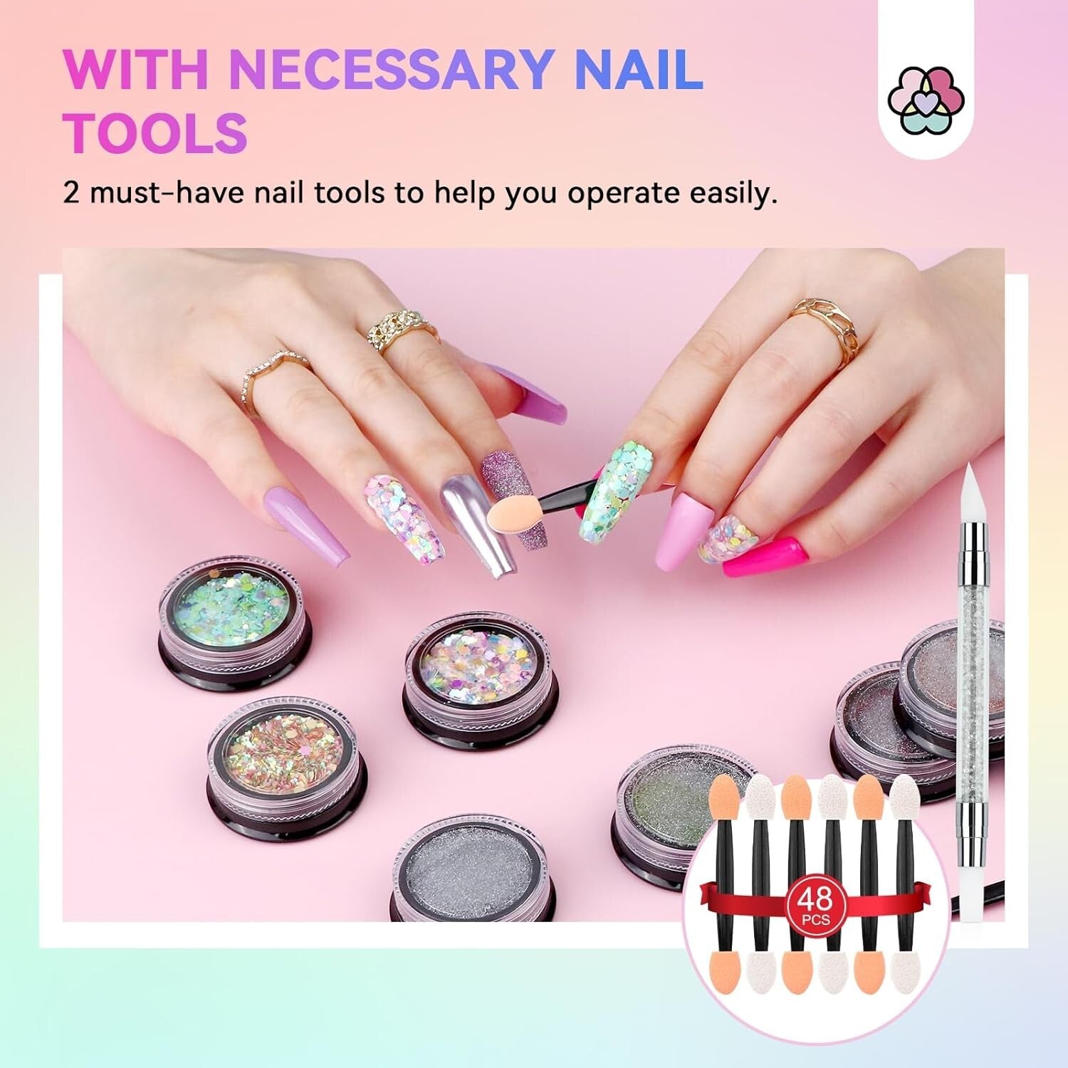 Versatile Chrome Powder Nail Art Kit: 48 Colors & Sponge Applicators Included