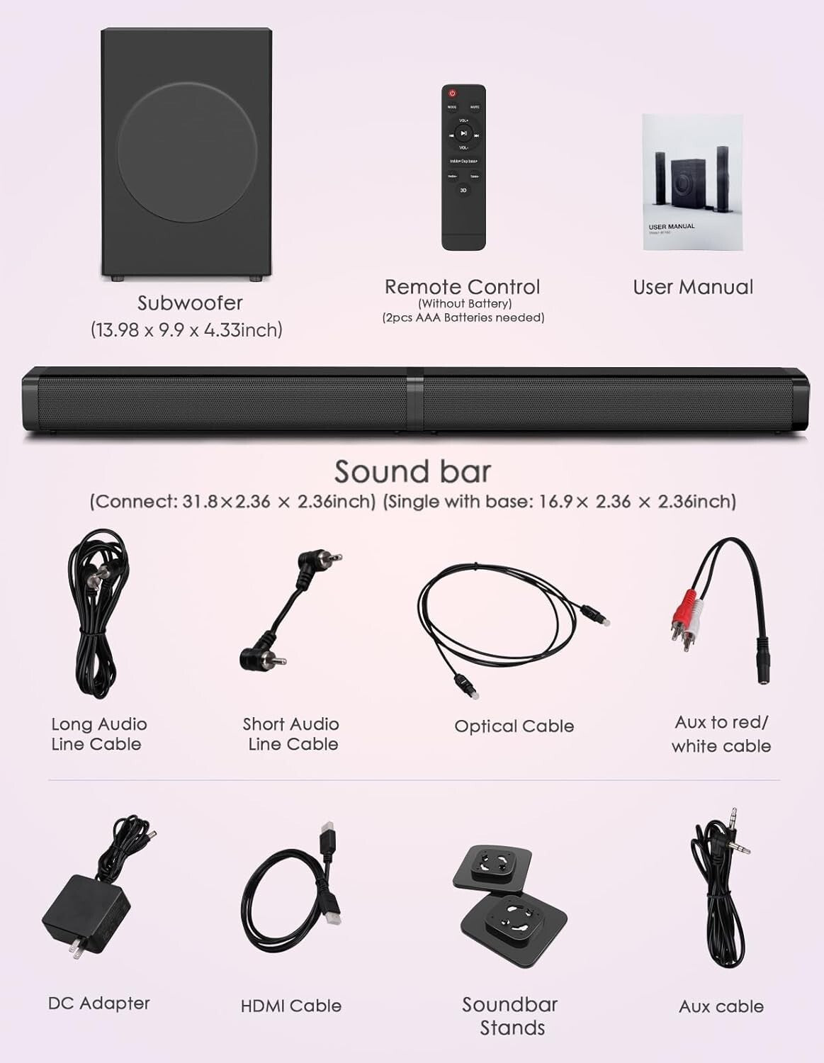 Bluetooth 5.0 Surround Sound Bar with Subwoofer – 10 EQ Modes & Remote Control