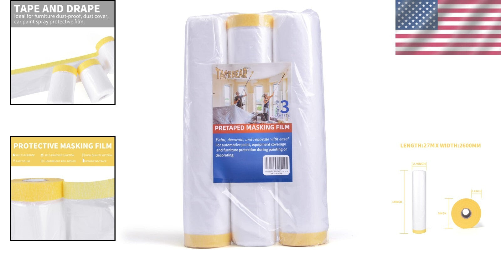 3-Pack Pre-Taped Masking Film Rolls 9ft x 90ft for Ultimate Surface Protection