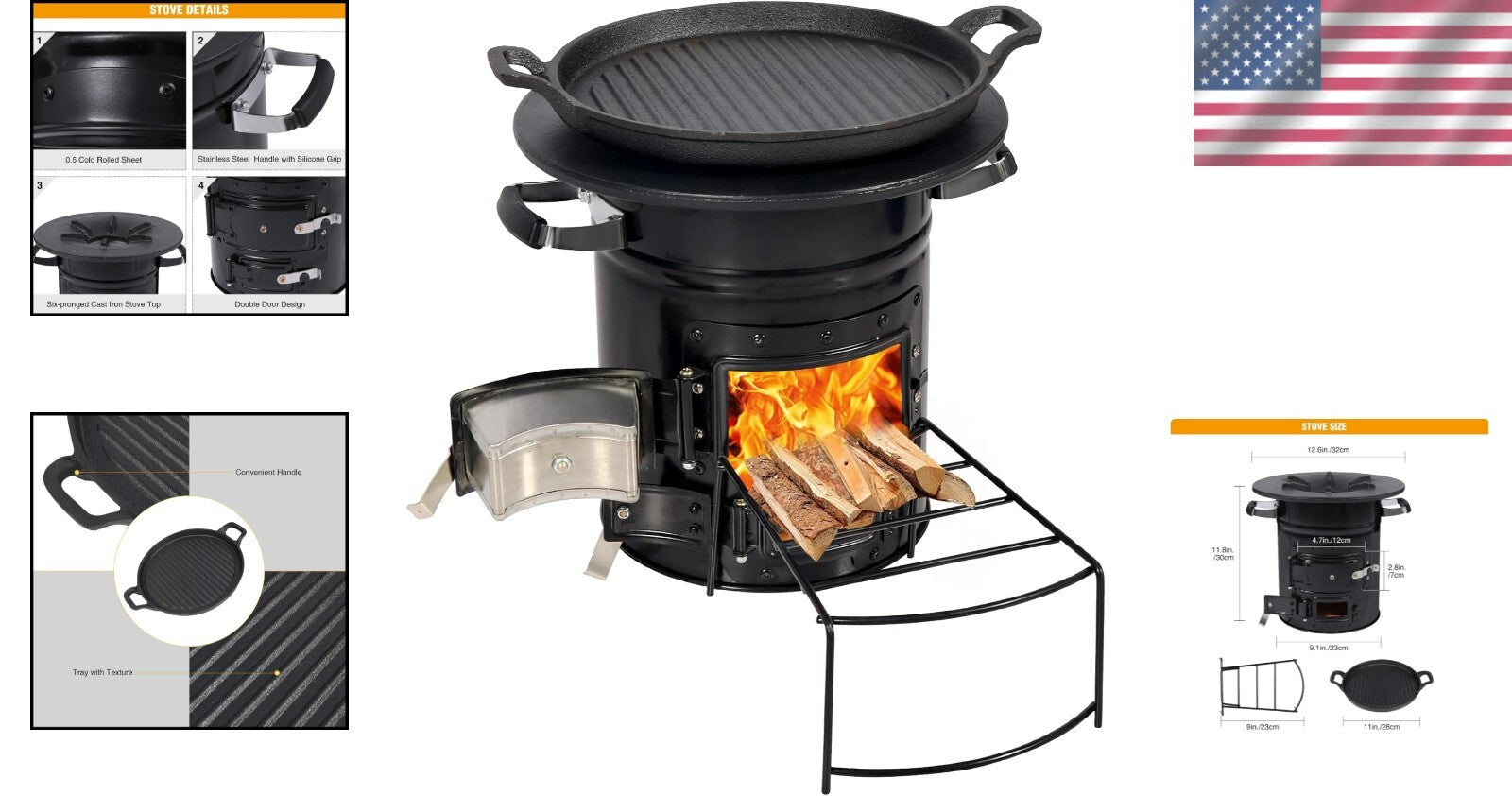 Charcoal Rocket Stove with Baking Tray and Carry Bag for Camping Adventures