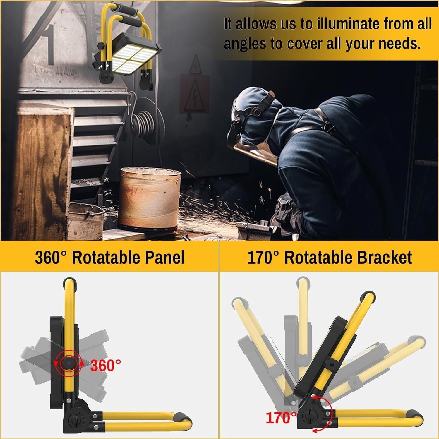 12000mAh Rechargeable Work Light with Adjustable Stand - 360° Portable Spotlight