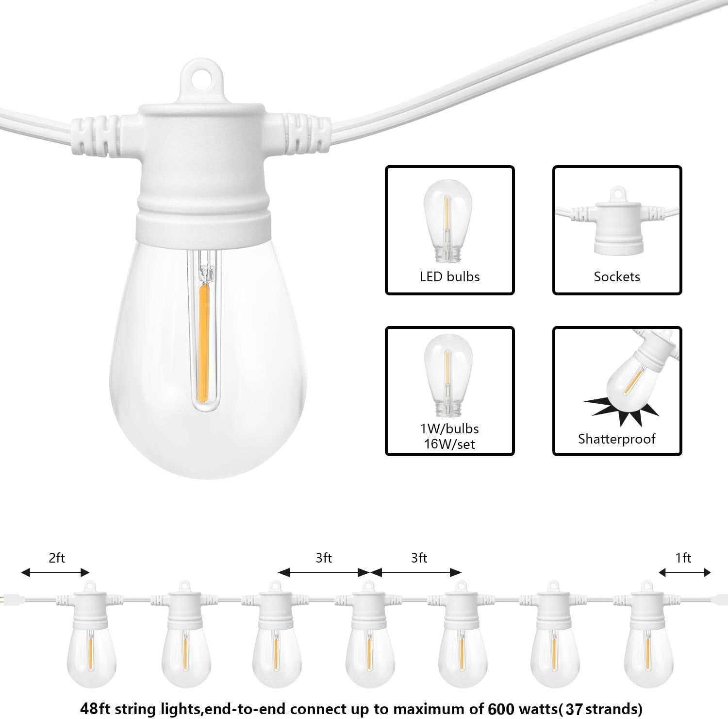 48ft Outdoor String Lights with 16 Shatterproof LED Bulbs - Dimmable & Weathe...