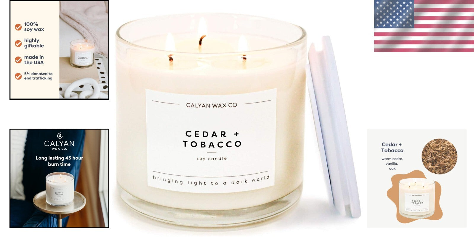 Classic 3-Wick Cedar Tobacco Candle in Glass Jar - 43 Hour Burn, Gift-Ready