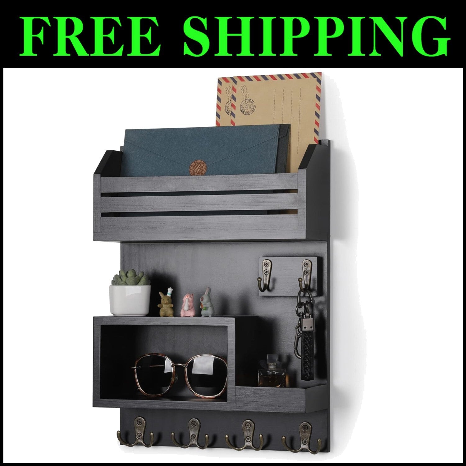 Versatile Wall-Mounted Key and Mail Organizer with Double Hooks - Rustic Charm