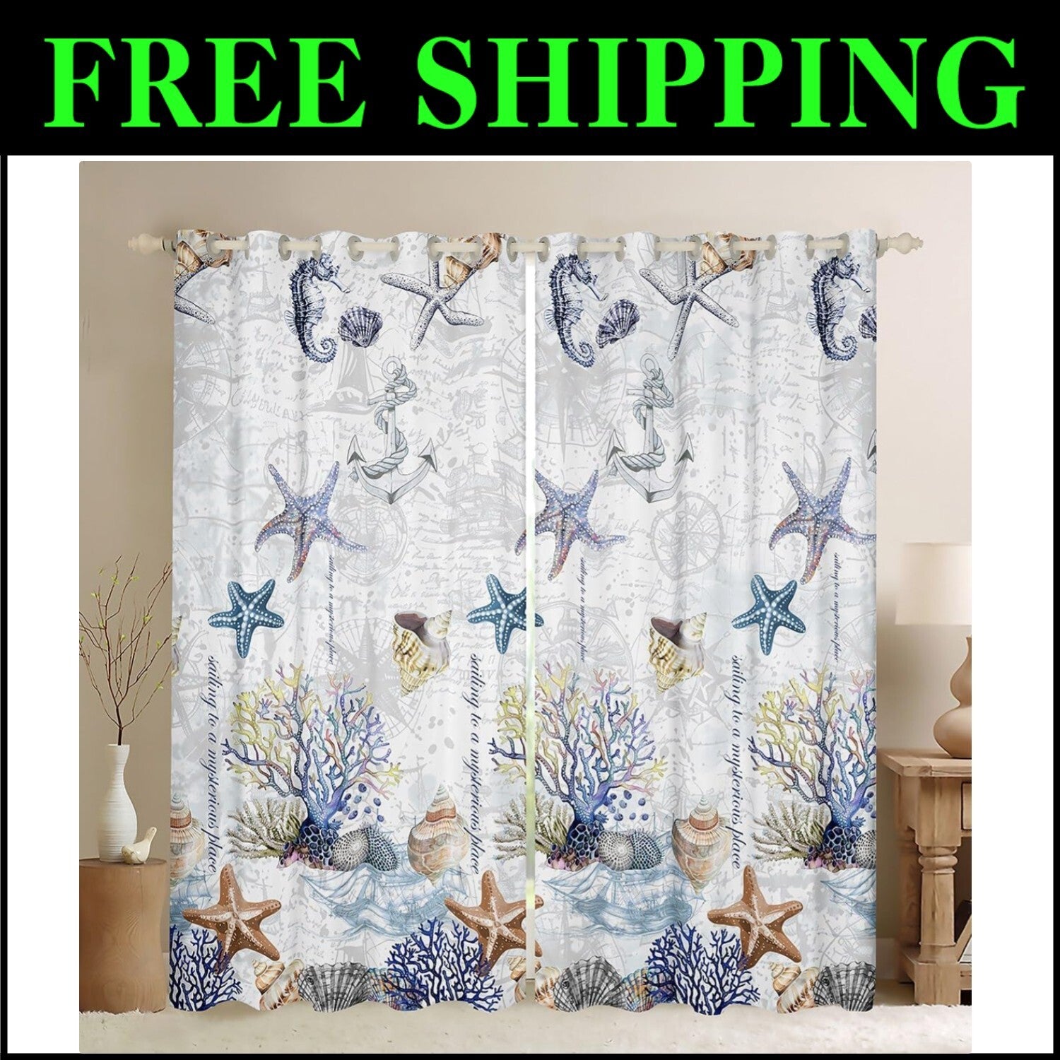 Playful Marine Curtains Set, Blackout Function in Starfish Design, 52x96 Inches