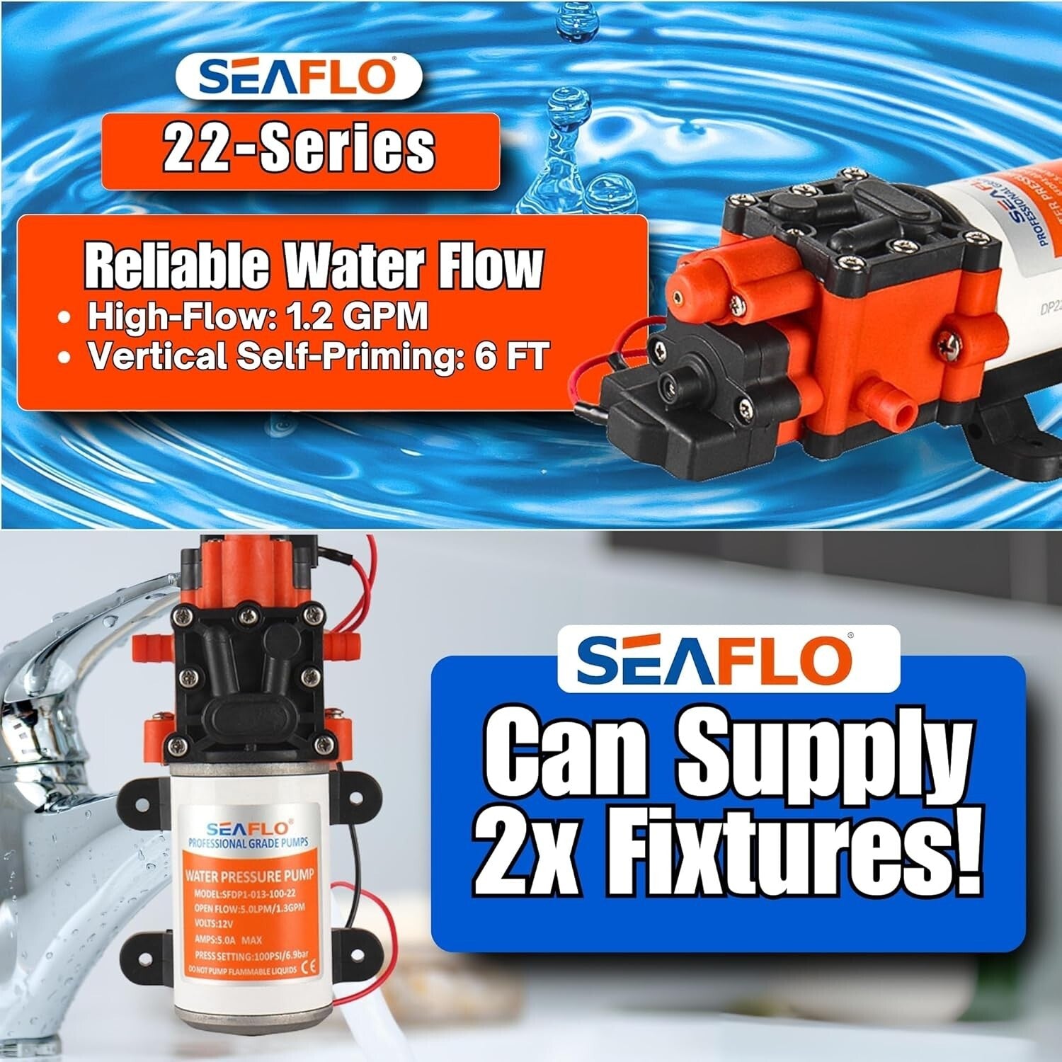 12V Diaphragm Water Pump - 1.3 GPM, 100 PSI for Marine & RV Applications