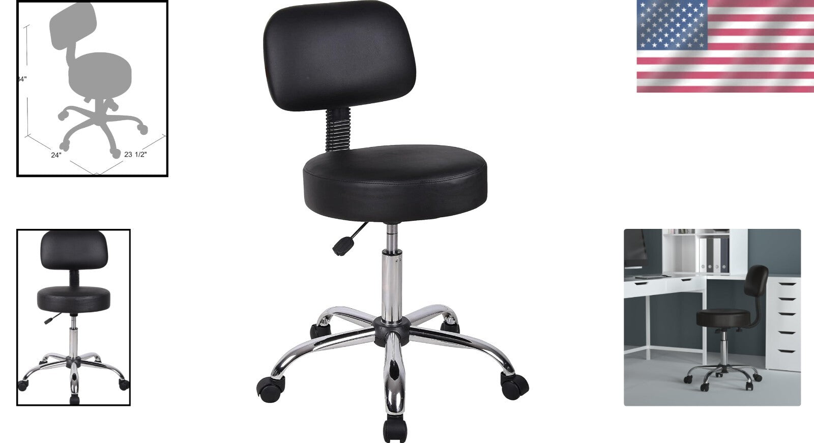 Ergonomic Black Vinyl Medical Spa Stool with Back Cushion & Adjustable Height