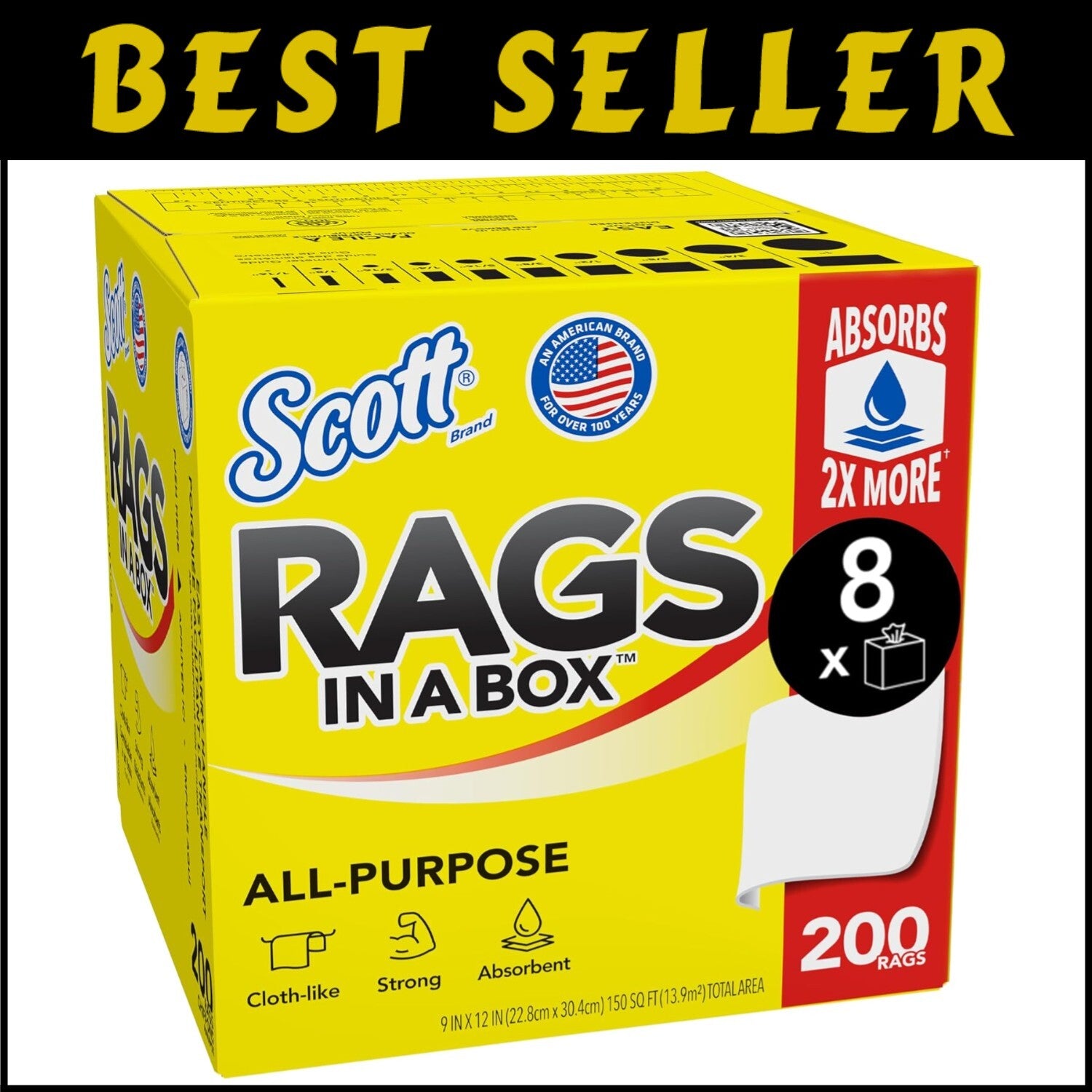Large Scott Shop Towels, 9"x12", Absorbent 1-Ply Towels, 8 Boxes of 200 Sheets