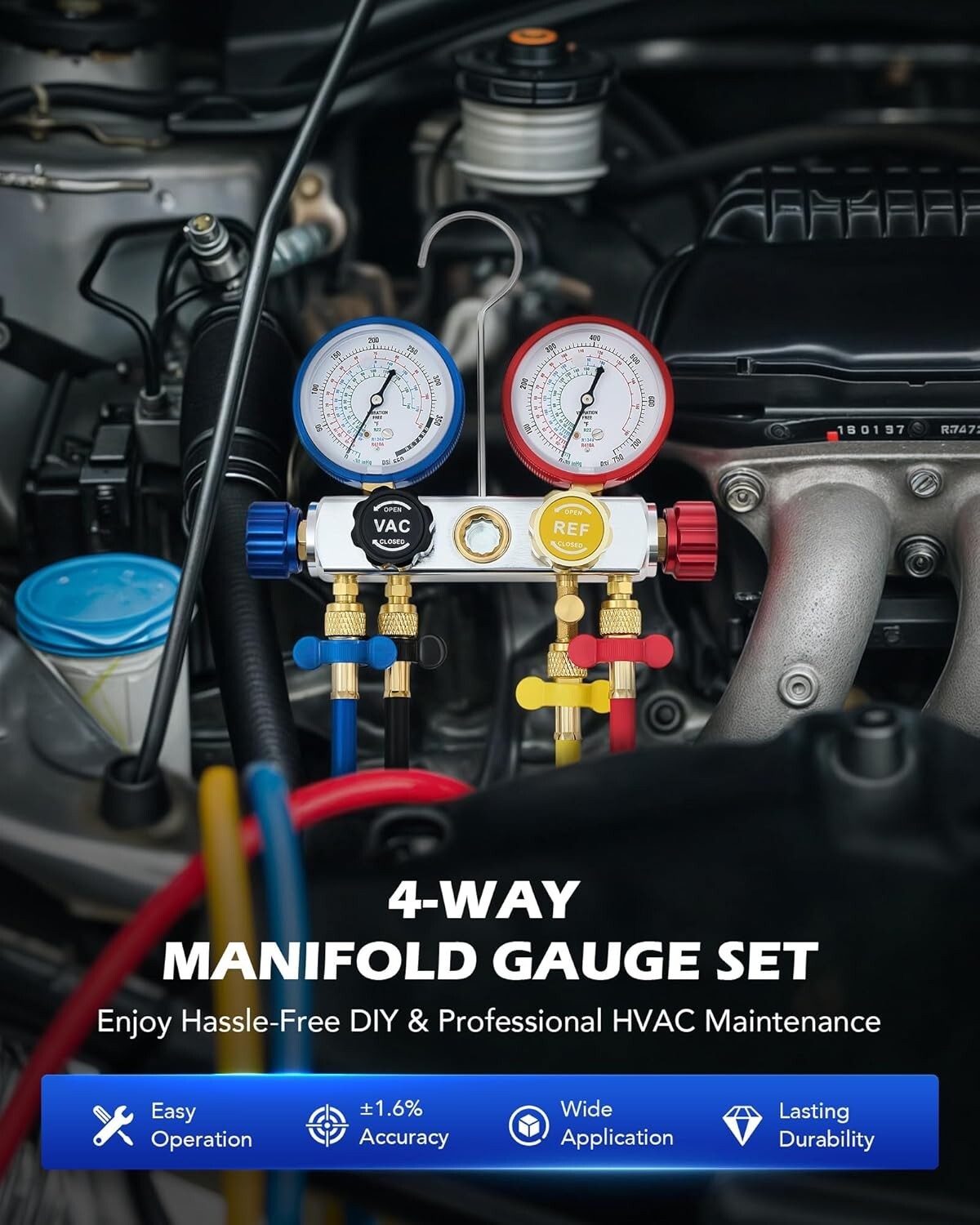 Automotive AC Diagnostic Tool Set with Color-Coded Hoses & Pressure Gauges