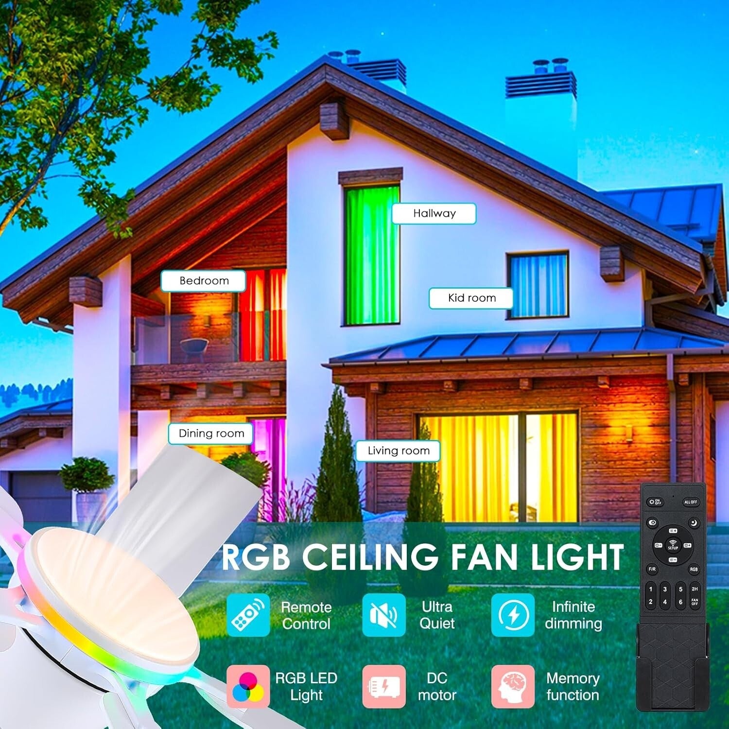 52" RGB Low Profile Ceiling Fan with LED Light & Remote Control - Sleek Design