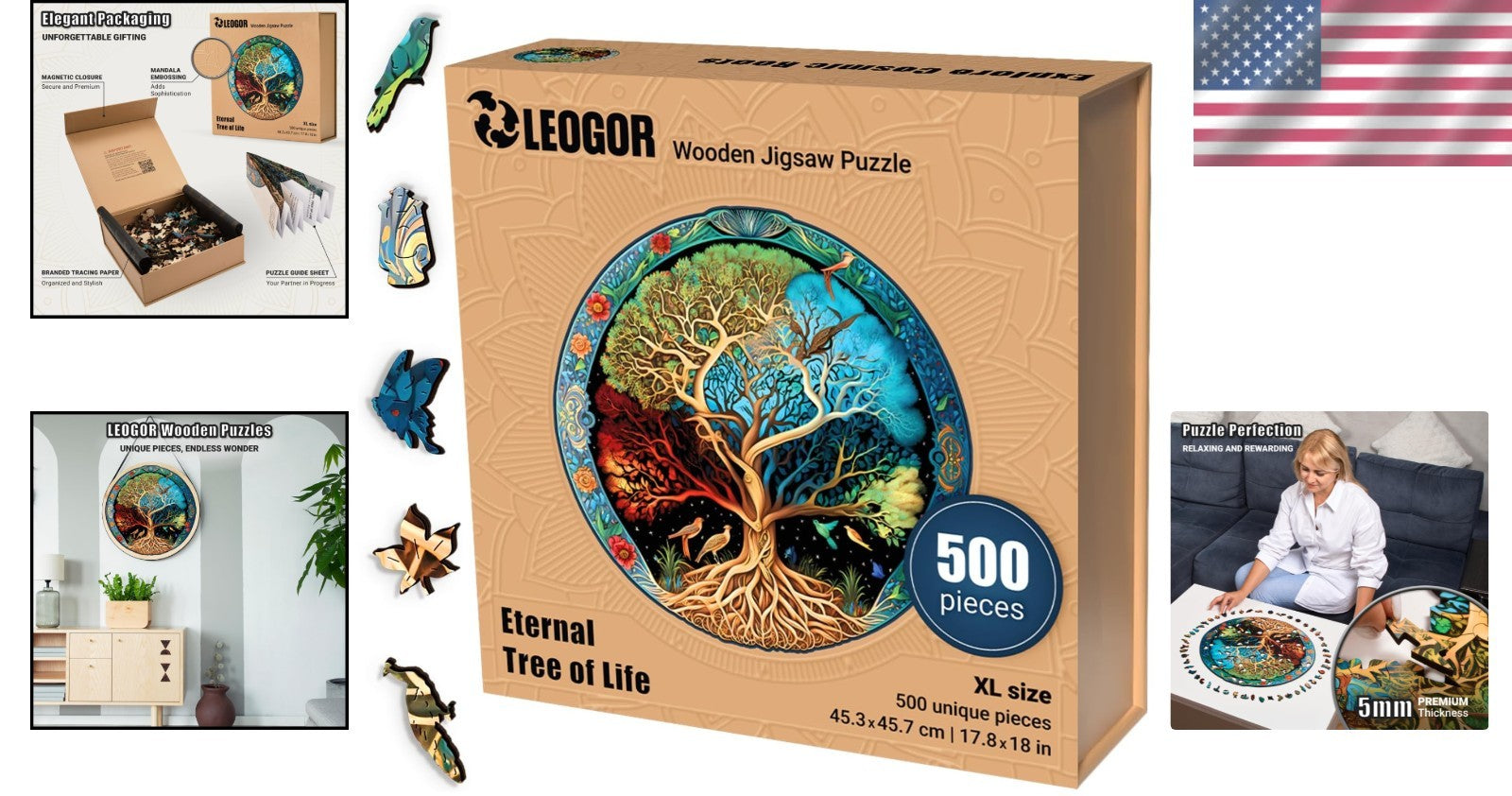 Extra-Thick Round 500-Piece Wooden Puzzle with Creative Hand-Shaped Pieces