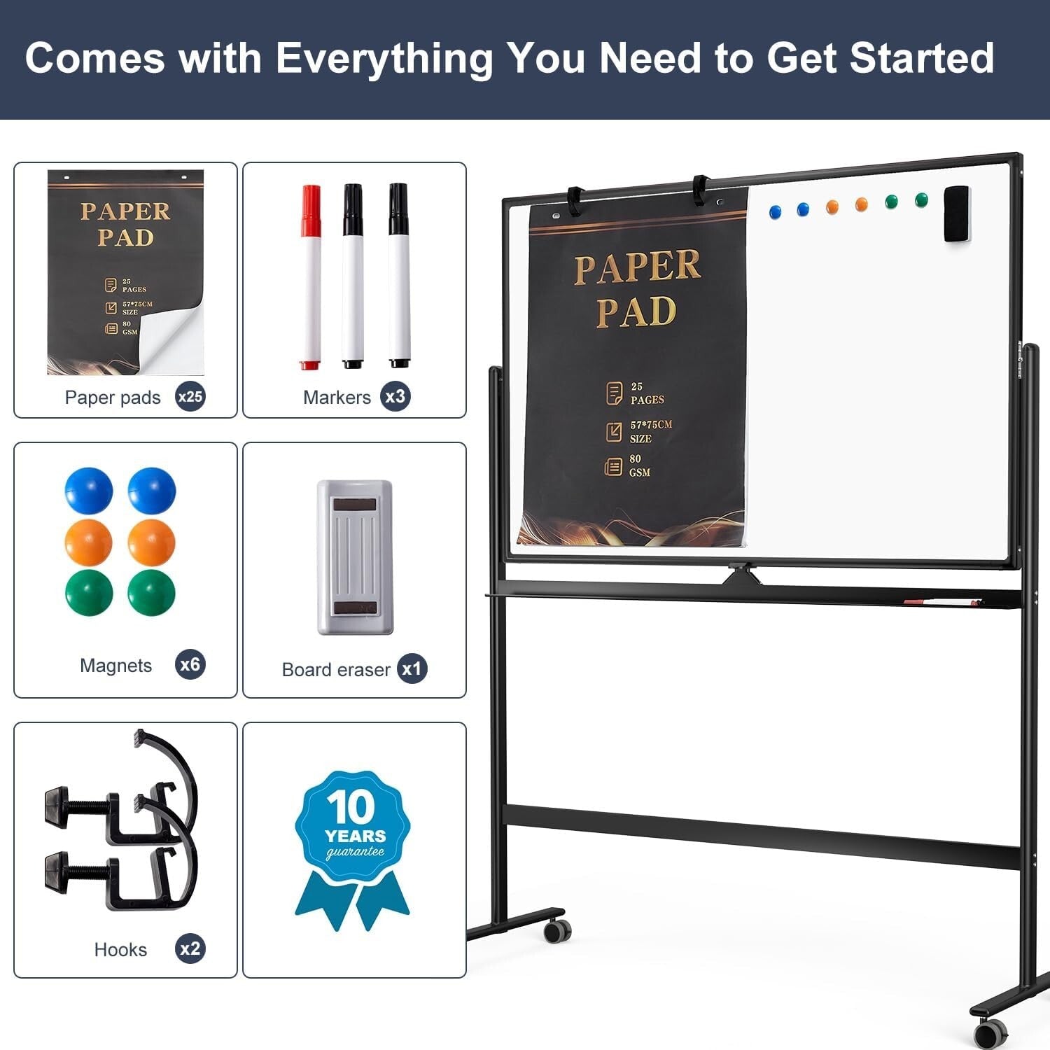 Versatile 48"x32" Reversible Dry Erase Whiteboard with Smooth Surface & Wheels