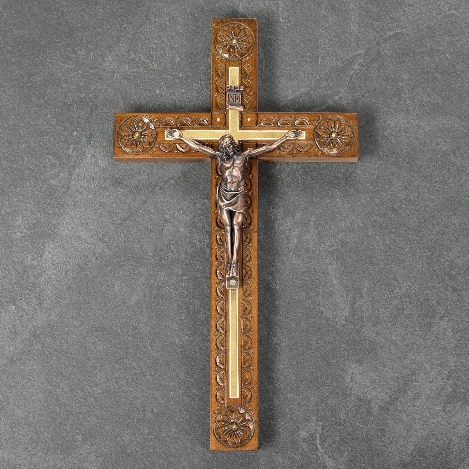 Handcrafted 12-Inch Crucifix Wall Cross - Elegant Decor with Wooden Rosary Gift
