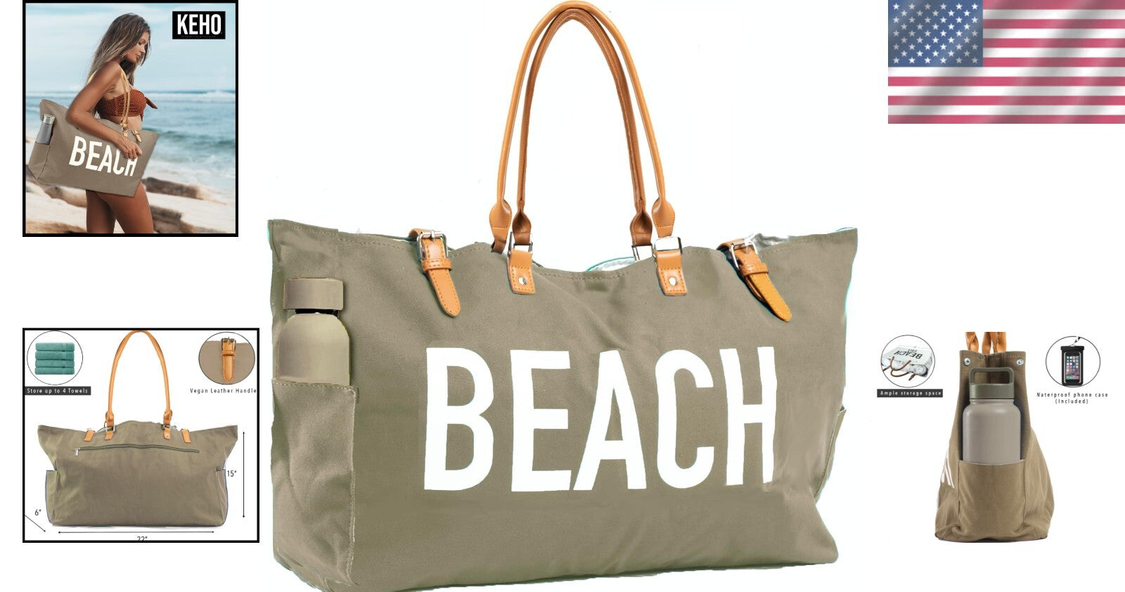 Waterproof Beach Bag with Vegan Leather Handles - Ideal Travel Tote for Women