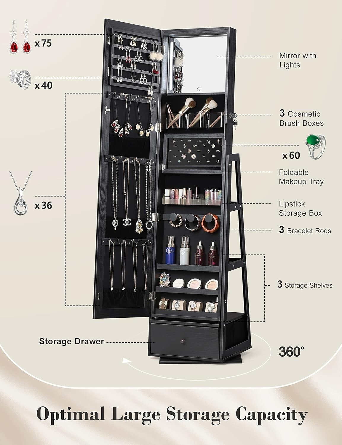 360° Swivel Jewelry Cabinet with Touch Screen Mirror - Elegant Storage Solution
