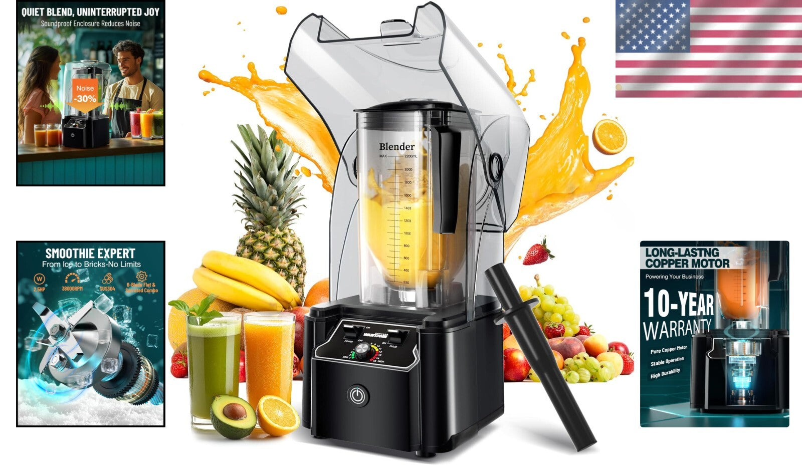 Heavy-Duty 2200W Quiet Blender with Adjustable Speeds & Built-in Self-Cleaning