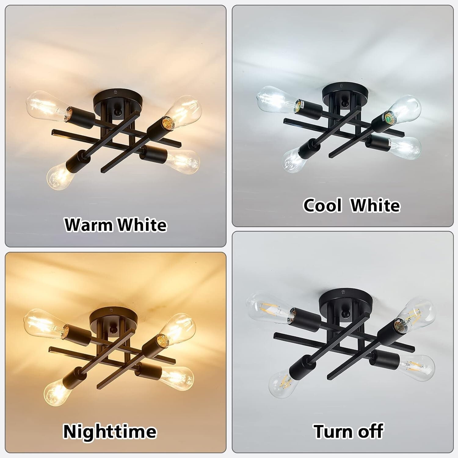 2-Pack Modern Dimmable 4-Light Semi Flush Mount Ceiling Fixture in Matte Black